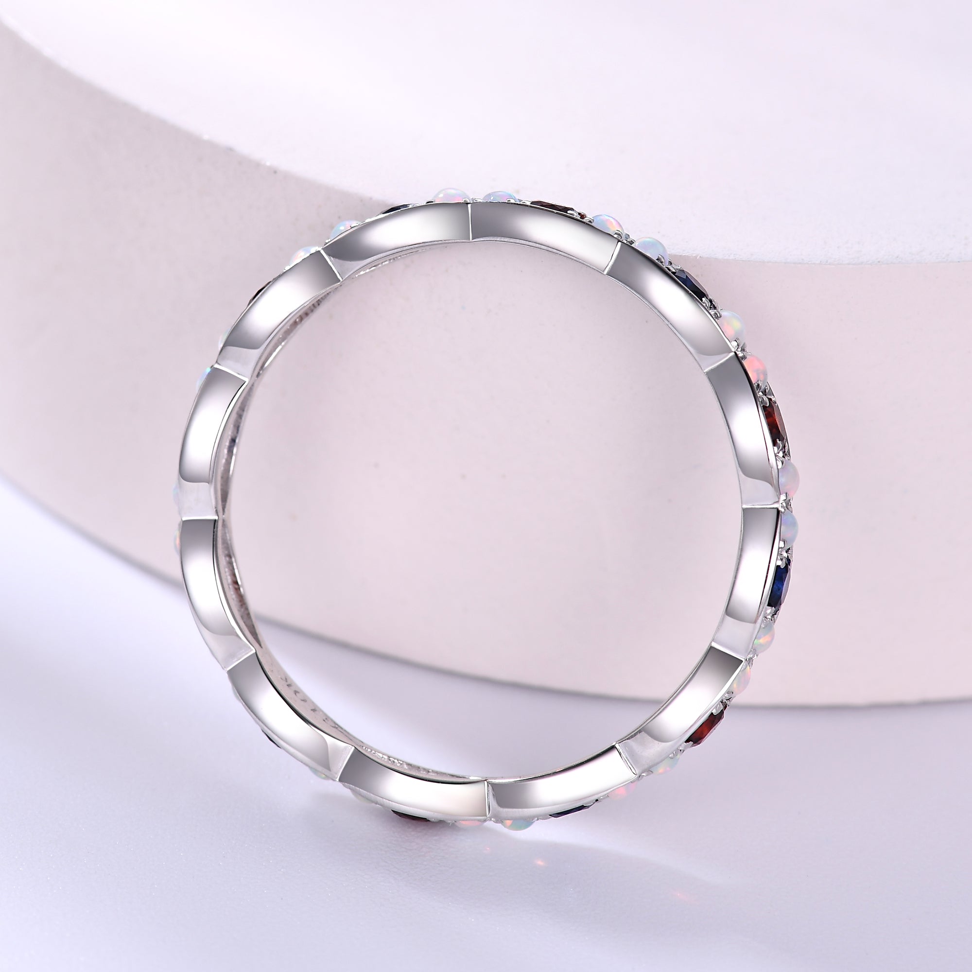 14k White Gold Opal Garnet Sapphire Birthstone Wedding Band - Full Eternity Ring for Anniversary, Engagement & Special Occasions