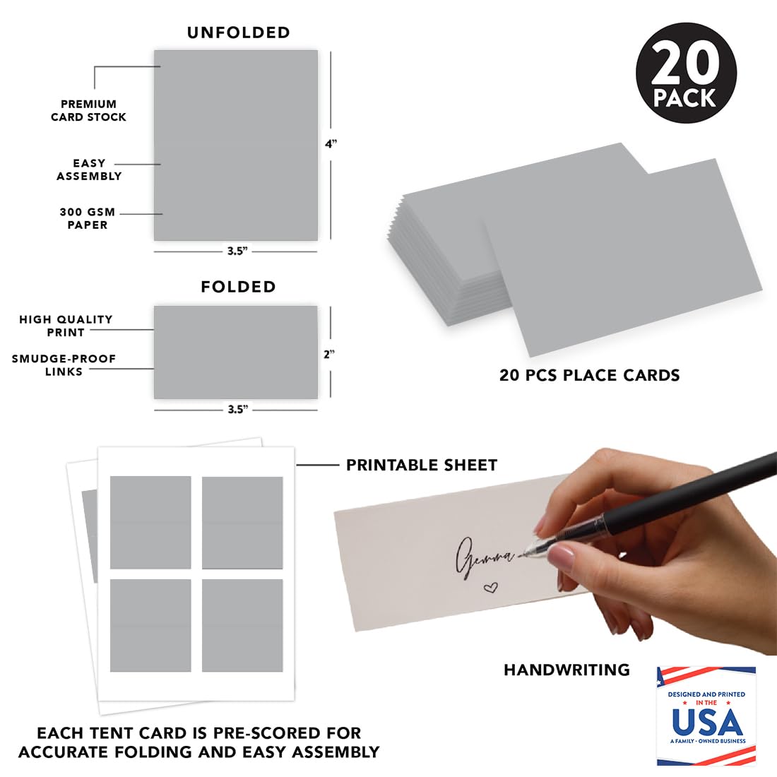 Andaz Press Printable Table Tent Place Cards - 20-Pack Gray Blank Name Cards for Wedding, Baby Shower & Graduation | Elegant Table Settings for Bridal, School & Food Events