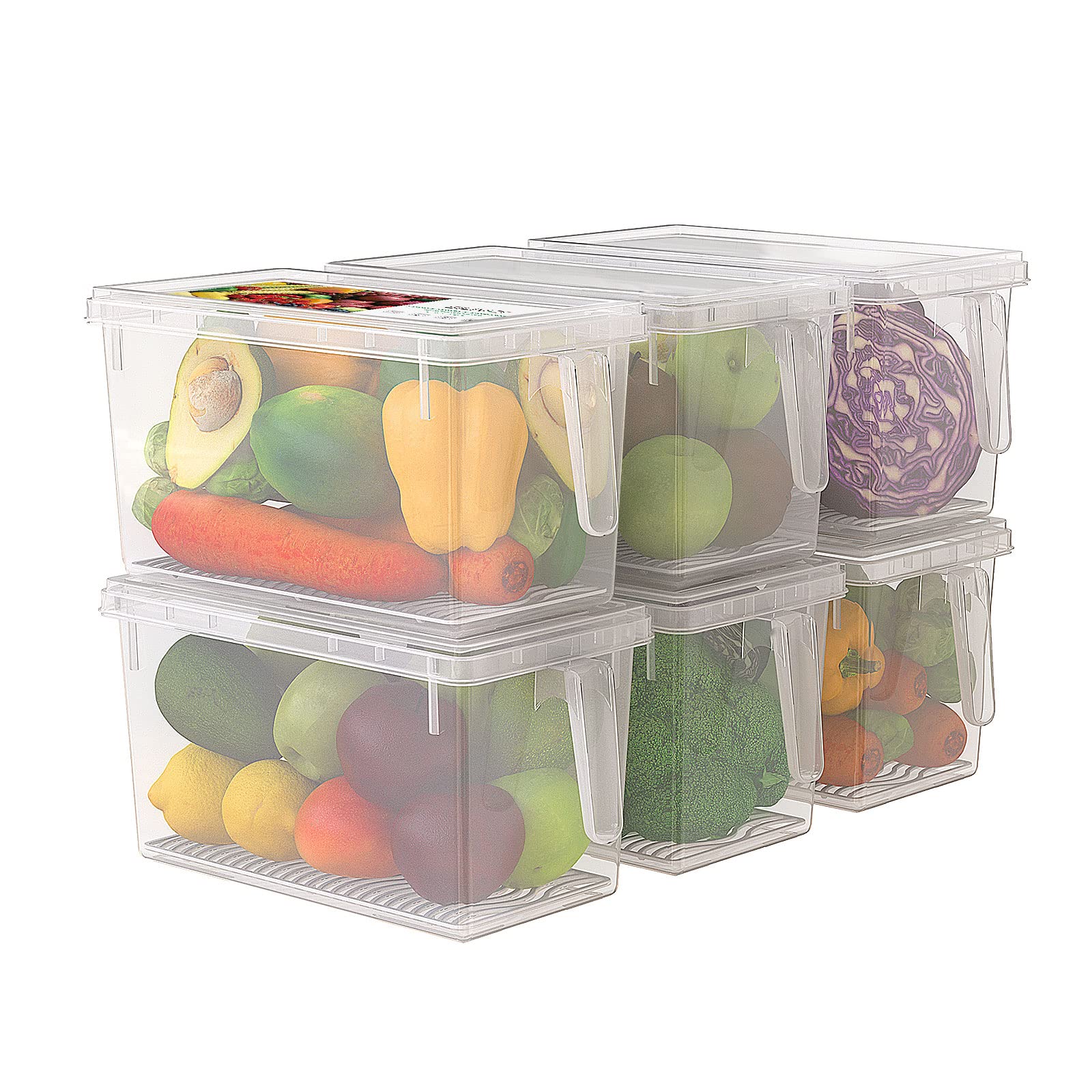 SILIVO 4.5L Refrigerator Produce Storage Containers (6 Pack) - Fresh Fruit & Vegetable Keepers with Drain Tray for Lettuce, Salad, Berries - Ideal for Kitchen Organization & Meal Prep