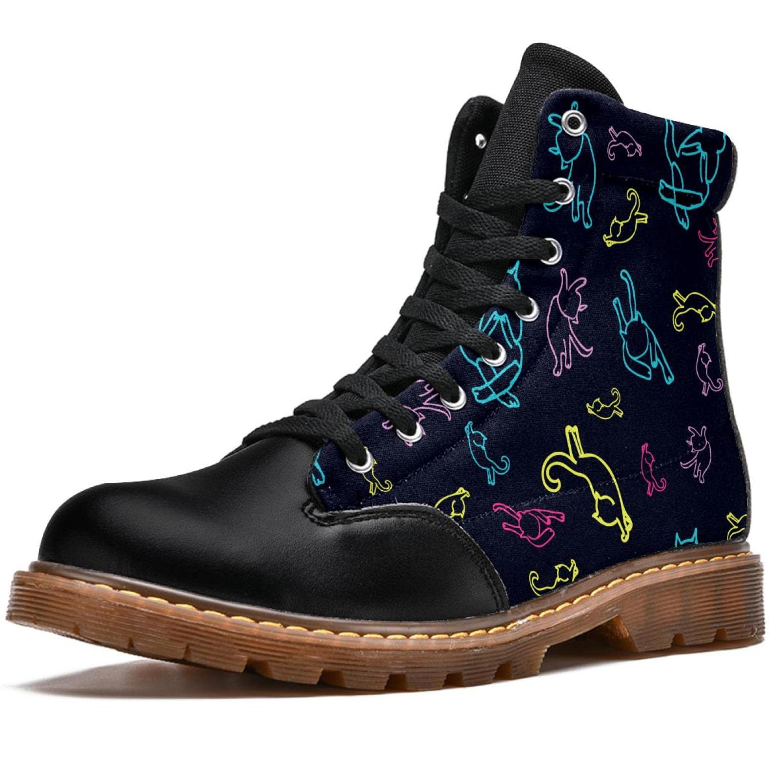 Classic High Top Lace Up Winter Boots for Women - Multicolor Cat Print Leather Ankle Boots Size 6.5 | Warm & Stylish Footwear for Cold Weather, Casual Outings & Holiday Parties