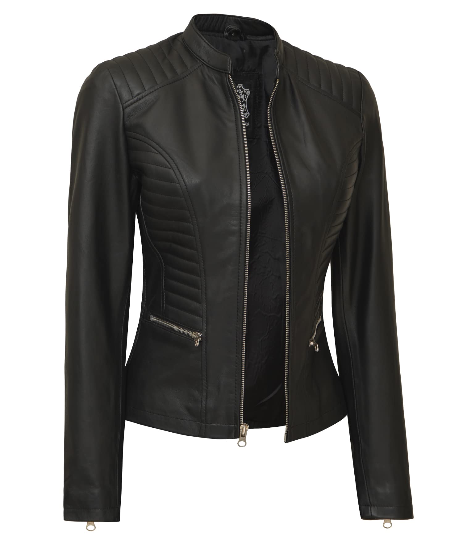 Genuine Leather Cafe Racer Jacket for Women - Natural Grain Stand Collar Motorcycle Jacket | Stylish Biker Outerwear for Riding & Casual Wear