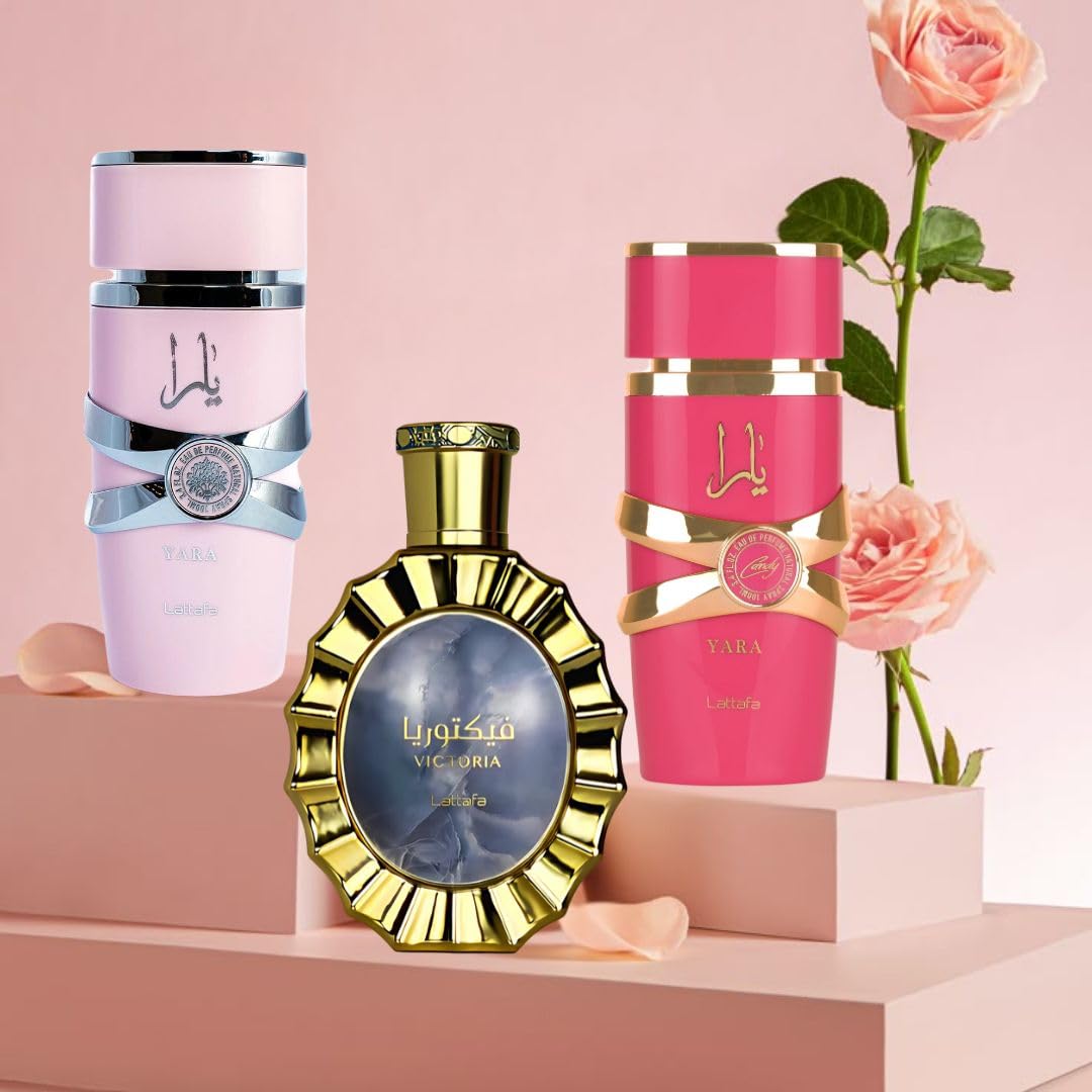 LATTAFA Yara, Yara Candy & Victoria Eau De Parfum Set - 3.4oz/100ml Each - Tropical Fruits, Creamy Gourmand & Floral Fragrance Bundle | Perfect for Daily Wear, Date Nights & Special Occasions