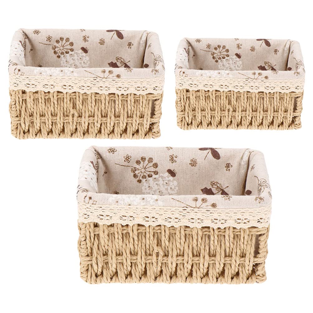 Cabilock 3-Piece Woven Rattan Storage Baskets with Liners - Organize Household Items, Sundries & Clutter | Perfect for Bedroom, Bathroom & Living Room Organization