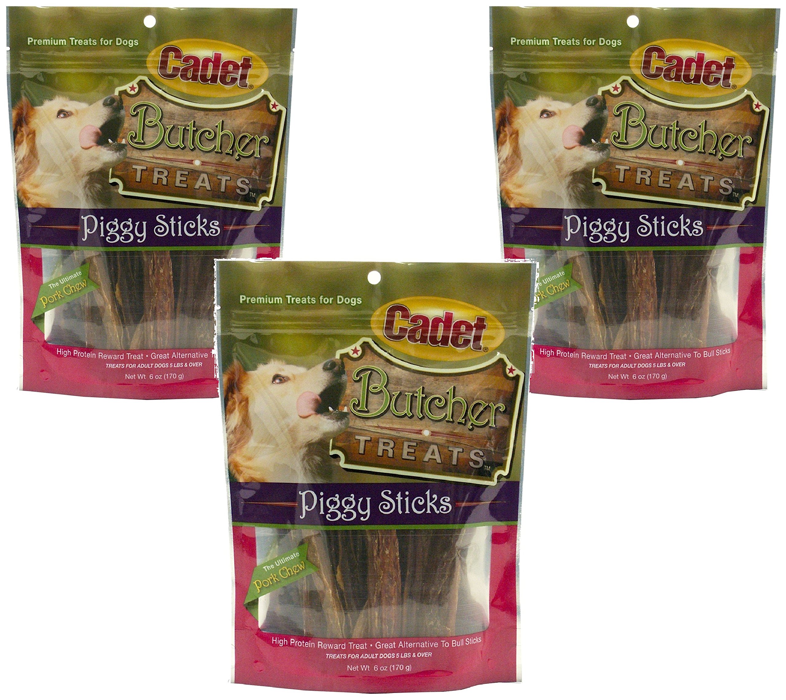 (3 Pack) Cadet Piggy Sticks Natural Dog Treats - 6oz Each - All-Natural Pork Chews for Dogs - Perfect for Training, Chewing & Dental Health