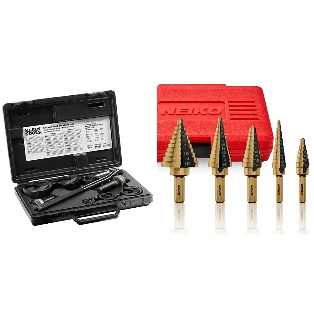 Klein Tools 53732SEN Knockout Punch Set & Neiko 10197A Titanium Step Drill Bit Set - 5-Piece Combo (50 Total Sizes) | Professional Electrical & Metalworking Tools for Electricians, HVAC, and DIY Projects