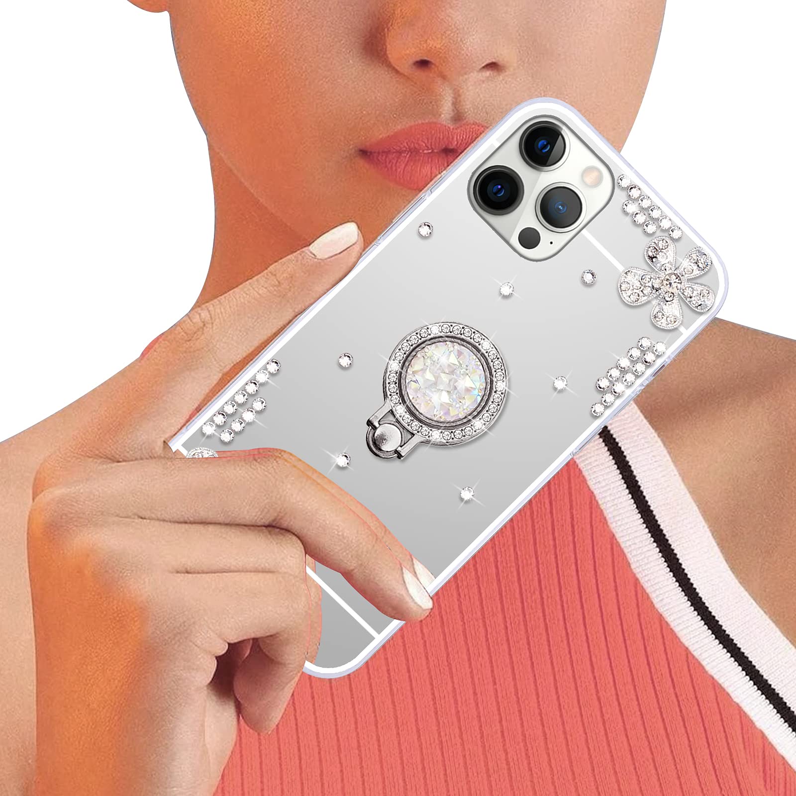 Luxury Bling Glitter iPhone 12 Pro Max Case with Mirror & Diamond Ring Stand - Cute Girly Phone Cover for Women & Girls (Silver) | Perfect for Makeup Touch-ups, Selfies & Secure Grip