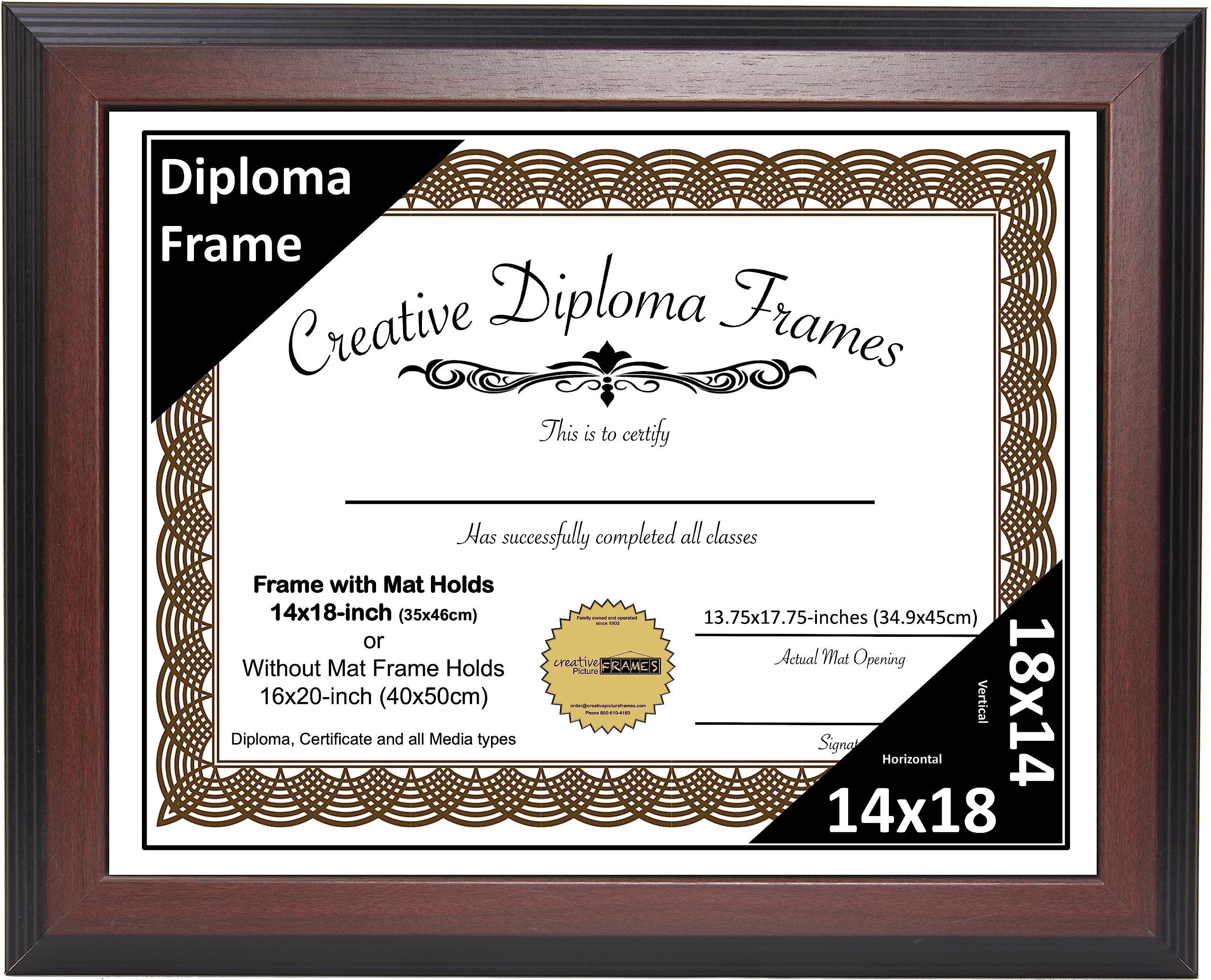 14x18 Mahogany Diploma Picture Frame with White Mat - Holds 14x18 Documents, Glass Front & Wall Hanger - Perfect for Graduation Certificates, Diplomas & Office Decor