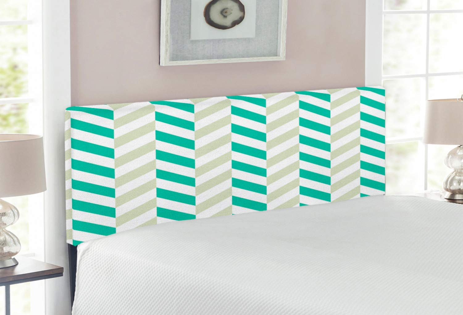 Ambesonne Chevron Headboard - Upholstered Decorative Metal Bed Frame with Memory Foam, Full Size in Sea Green & Eggshell White | Chevron Herringbone Pattern for Spring Freshness | Perfect for Modern Bedroom Decor, Guest Rooms & Dorm Style