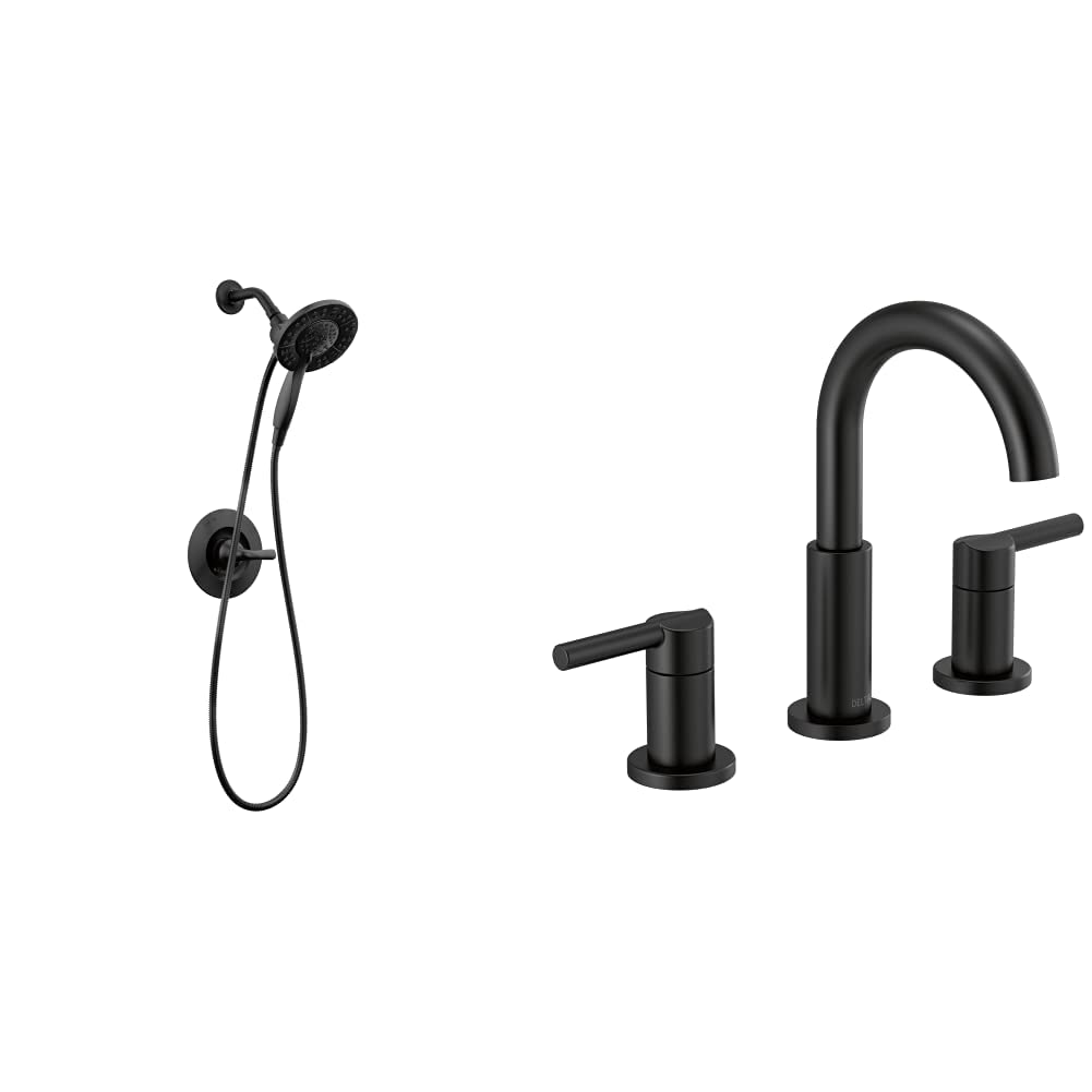 Arvo 14 Series Matte Black Single-Handle Shower Faucet & Nicoli 3-Hole Widespread Bathroom Sink Faucet with Drain Assembly - Modern Matte Black Finish for Bathroom & Shower Renovation (Model 35749LF-BL)