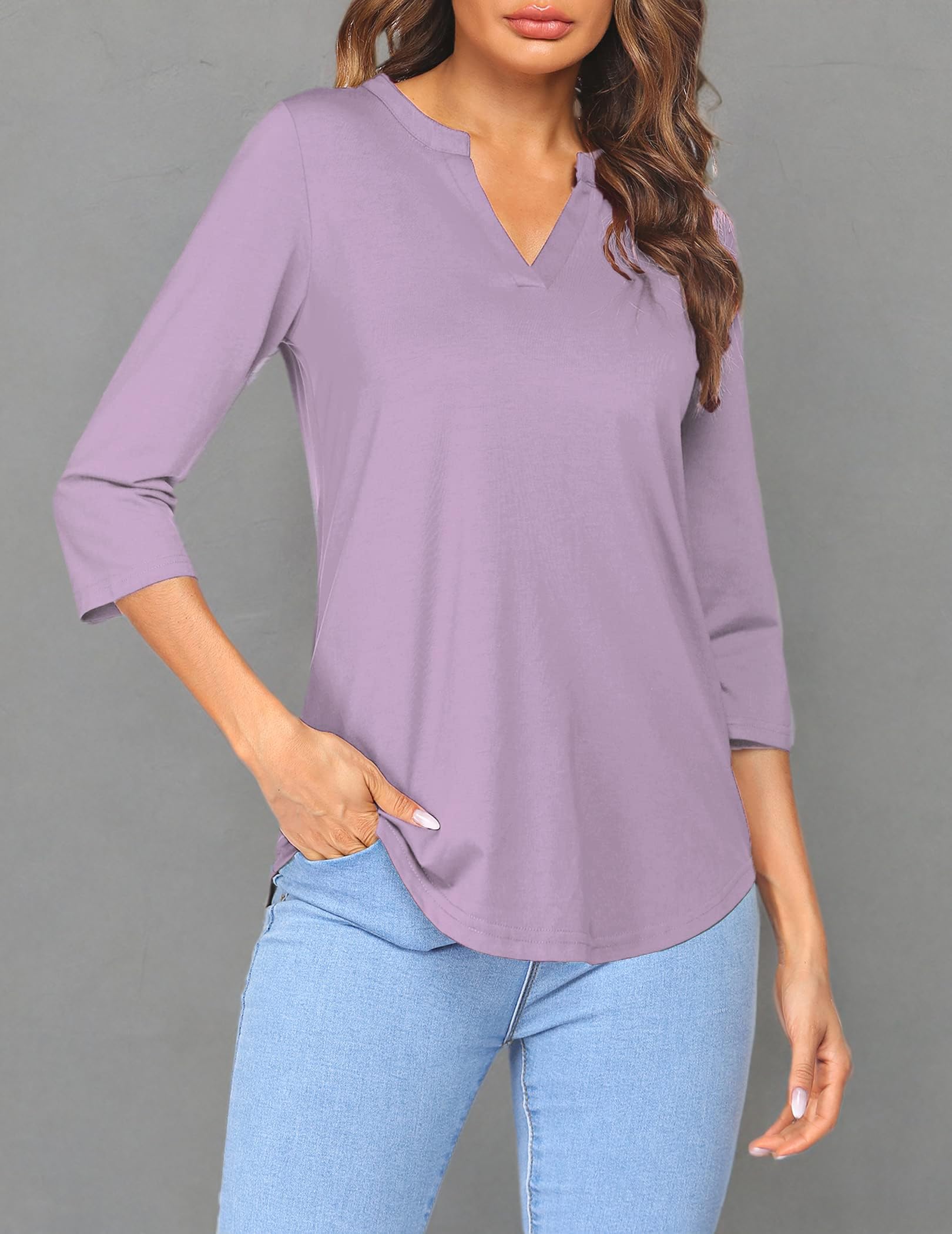 Sherosa Women's 3/4 Sleeve V-Neck Casual Henley Blouse - Comfortable Work Tops for Office, Business Casual & Everyday Wear