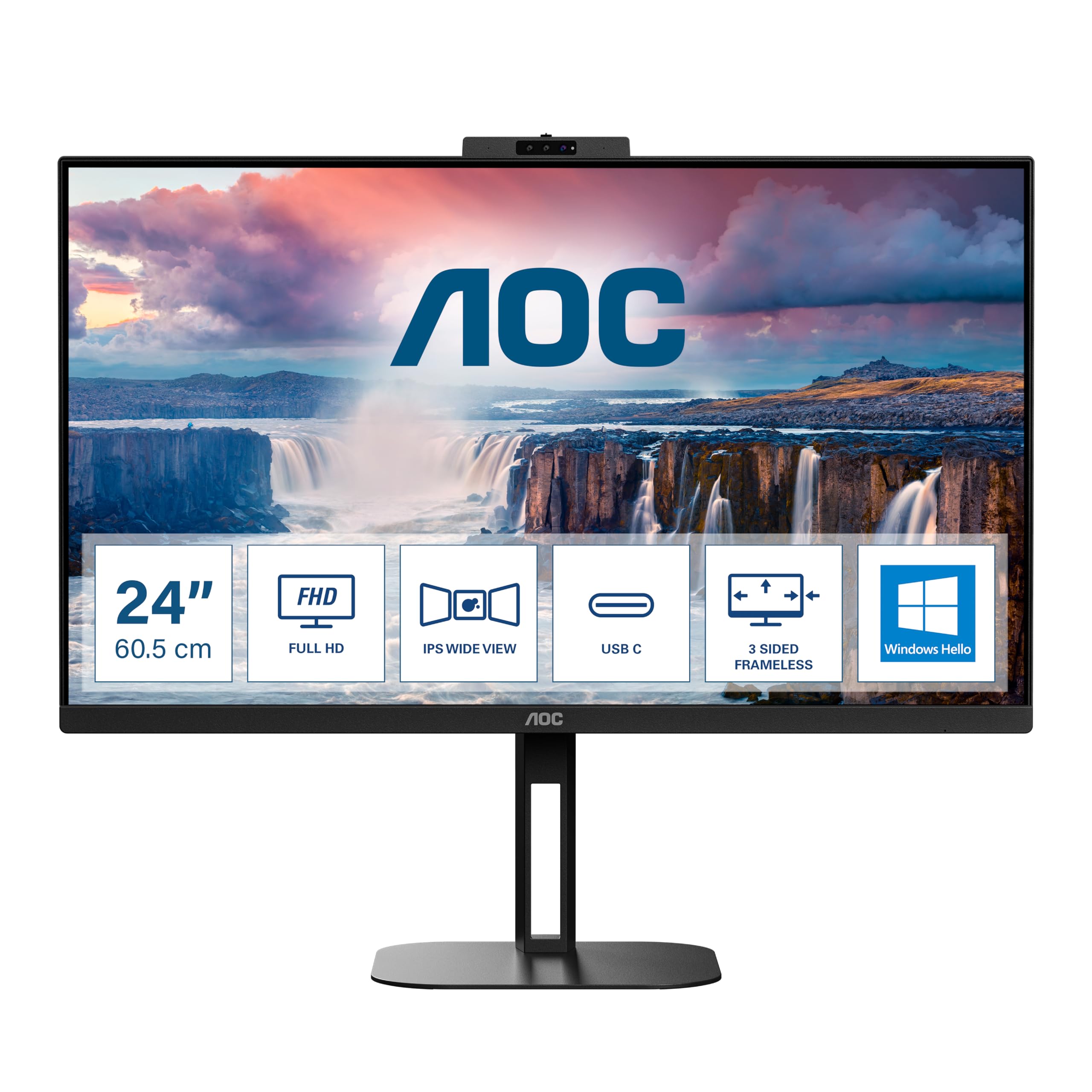 AOC 24V5CW 24 Inch FHD Monitor - 75Hz IPS Panel, USB-C Connectivity, Built-in Webcam with Windows Hello, Low Blue Light Technology, Integrated Speakers (1920x1080 @75Hz, 300cd/m²) - Perfect for Home Office, Gaming & Entertainment