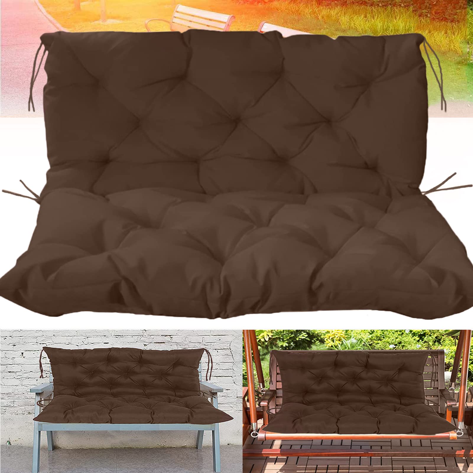 2 Seater Outdoor Glider Bench Cushions Replacement - Waterproof Thick Porch Swing Cushions with Backrest Ties for Garden, Patio & Deck Furniture (Coffee, 40x40 Inch) - Perfect for Relaxing on Your Porch Swing or Outdoor Bench