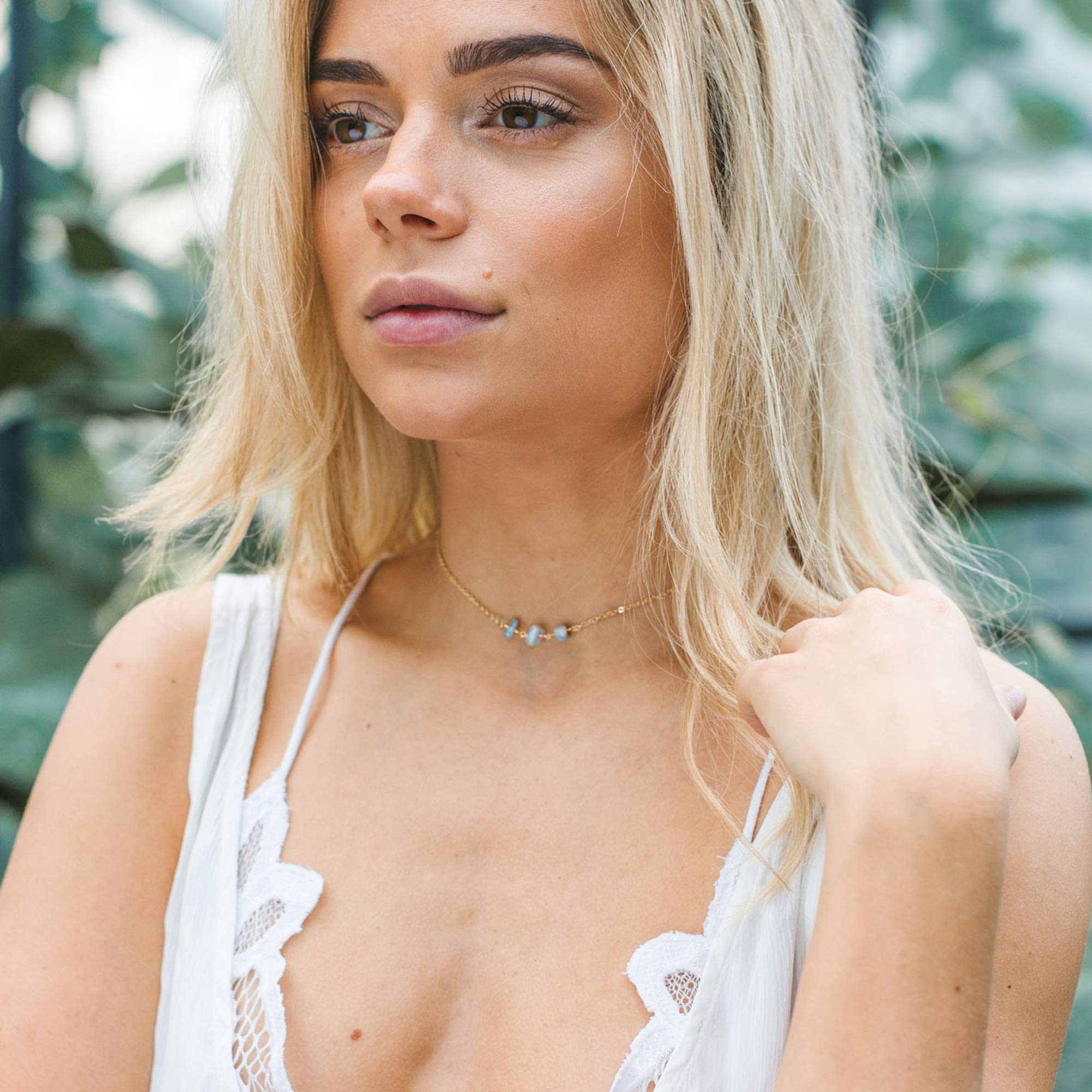 14k Gold Fill Aquamarine Beaded Chain Choker Necklace - Elegant Boho Jewelry for Women, Perfect for Weddings, Parties & Everyday Wear
