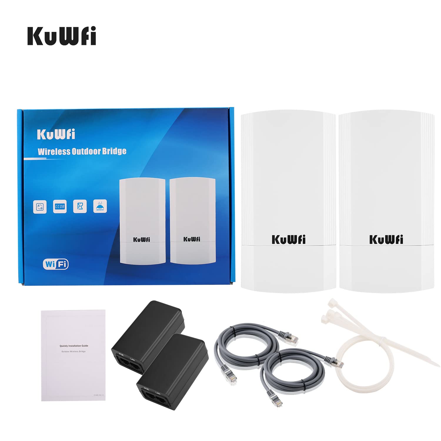 KuWFi 5.8GHz 900Mbps Outdoor Wireless Bridge - Long Range 2KM Point to Point Network Extender, IP65 Waterproof WiFi Ethernet Bridge Kit for Starlink Router Signal Boosting | Perfect for Rural Internet, Farm Connectivity & Remote Surveillance