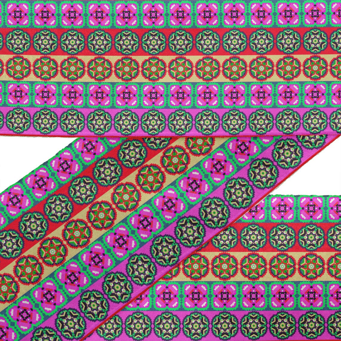 Purple Stripe & Mandala Floral Printed Dupion Fabric Lace Trim - 9 Yard x 4 Inch Sewing Border Ribbon for DIY Crafts, Home Decor, and Clothing Embellishment