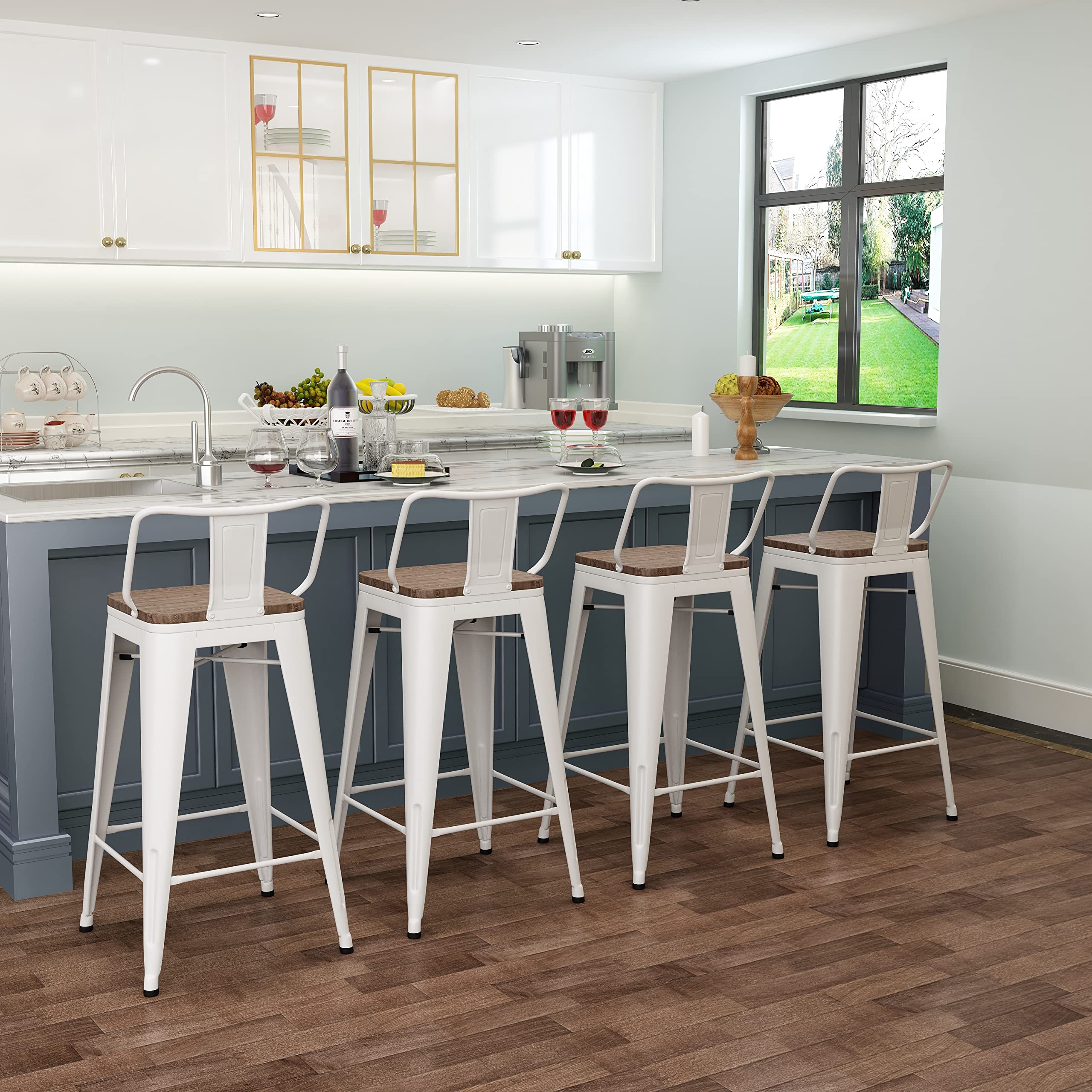 Industrial Metal Bar Stools Set of 4 - 26 Inch Counter Height Barstools with Wood Top & Back Support - Modern White Cream Kitchen Island Stools for Dining, Home Bar & Restaurant Use