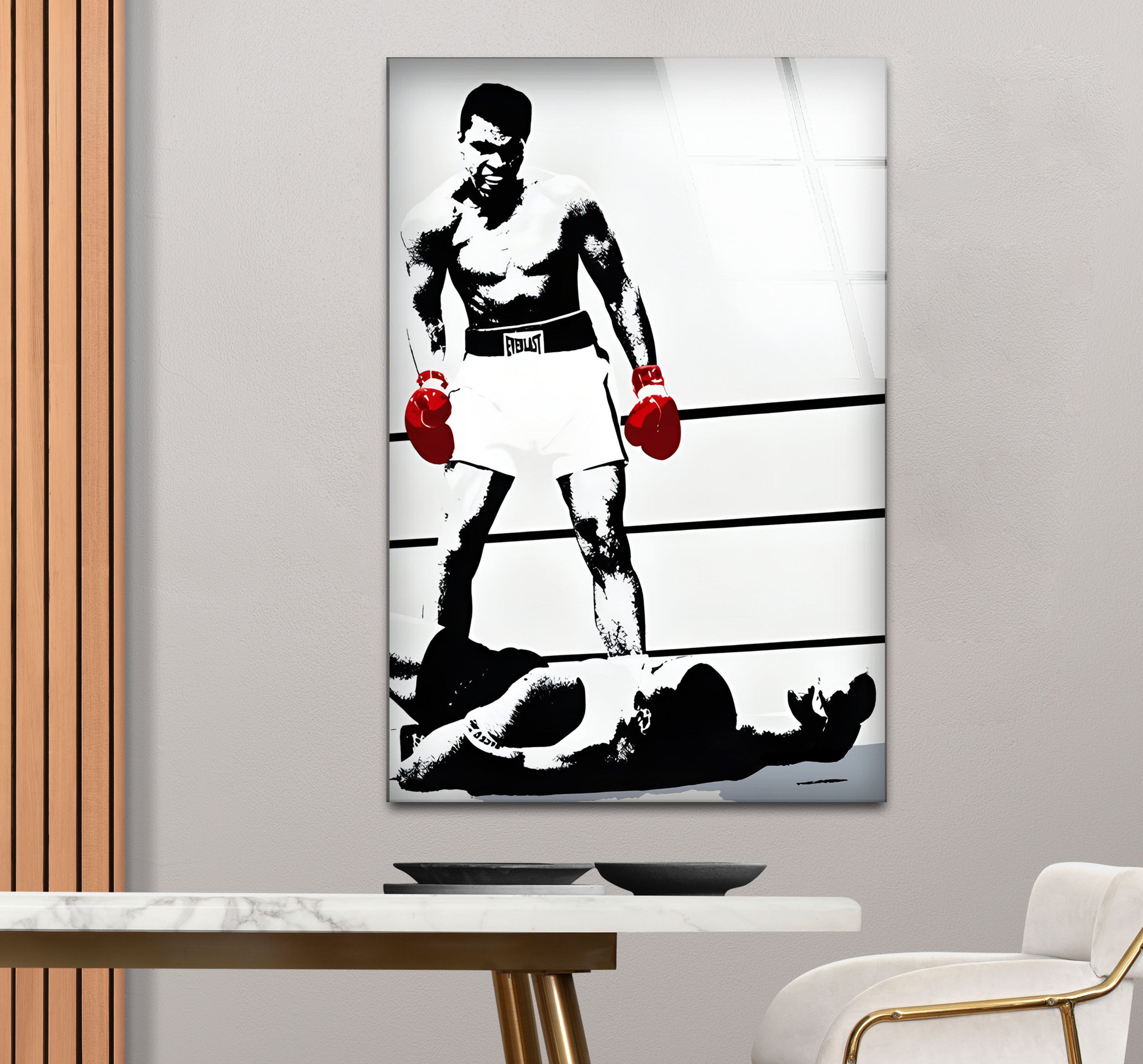 Muhammad Ali Glass Wall Art - Black & White Boxing Decor for Home, Gym & Office | High-Quality Printed Glass Panel