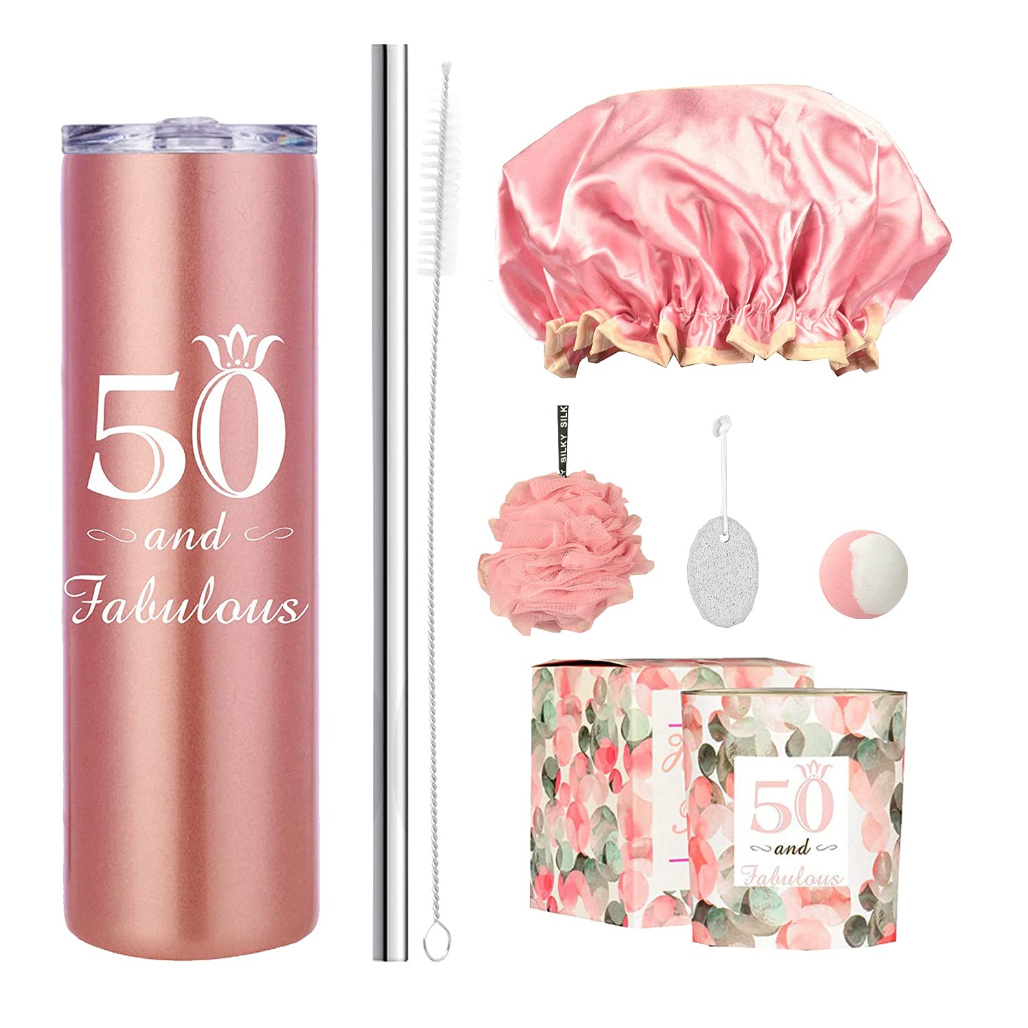 MEANT2TOBE 50th Birthday Gifts for Women - Insulated 20oz Tumbler & Spa Bath Set - Perfect 50th Birthday Present for Wife, Mom & Friends - Great for Office, Home & Travel Use