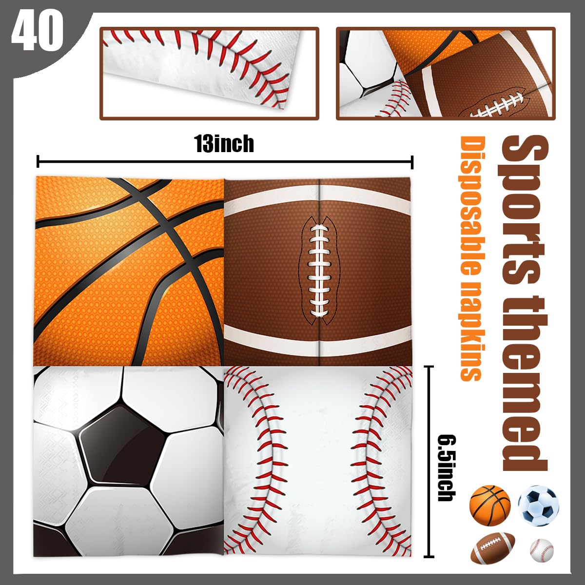 40Pcs Sports Themed Disposable Paper Napkins - All Star Basketball Football Baseball Soccer Party Decorations for Boys Birthday, Game Day, Tailgating & Sports Themed Events