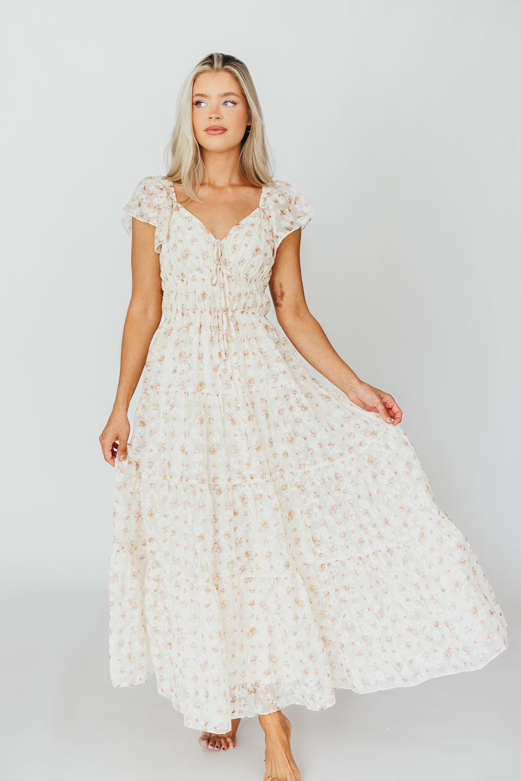 Elegant Floral & Gingham Ruffled Maxi Dress for Women - Cream Peach Summer Dress, Boho Chic Beach Wedding Guest Outfit, Perfect for Vacations & Outdoor Parties