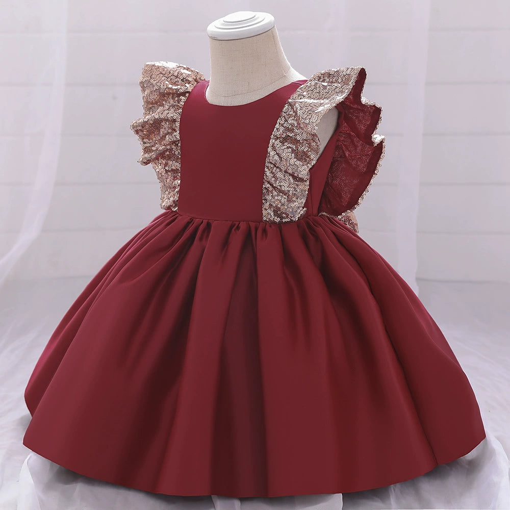 Burgundy Princess Round Tea Length Satin Flower Girl Dress for Weddings, Parties & Special Occasions