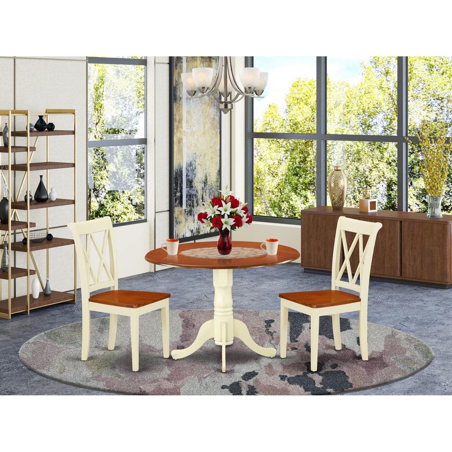 East West Furniture DLCL3-BMK-W 3-Piece Small Space Dinette Set with Round Drop-Leaf Dining Table & 2 Chairs, 42x42 Inch, Buttermilk & Cherry – Perfect for Apartments, Breakfast Nooks & Cozy Dining Areas