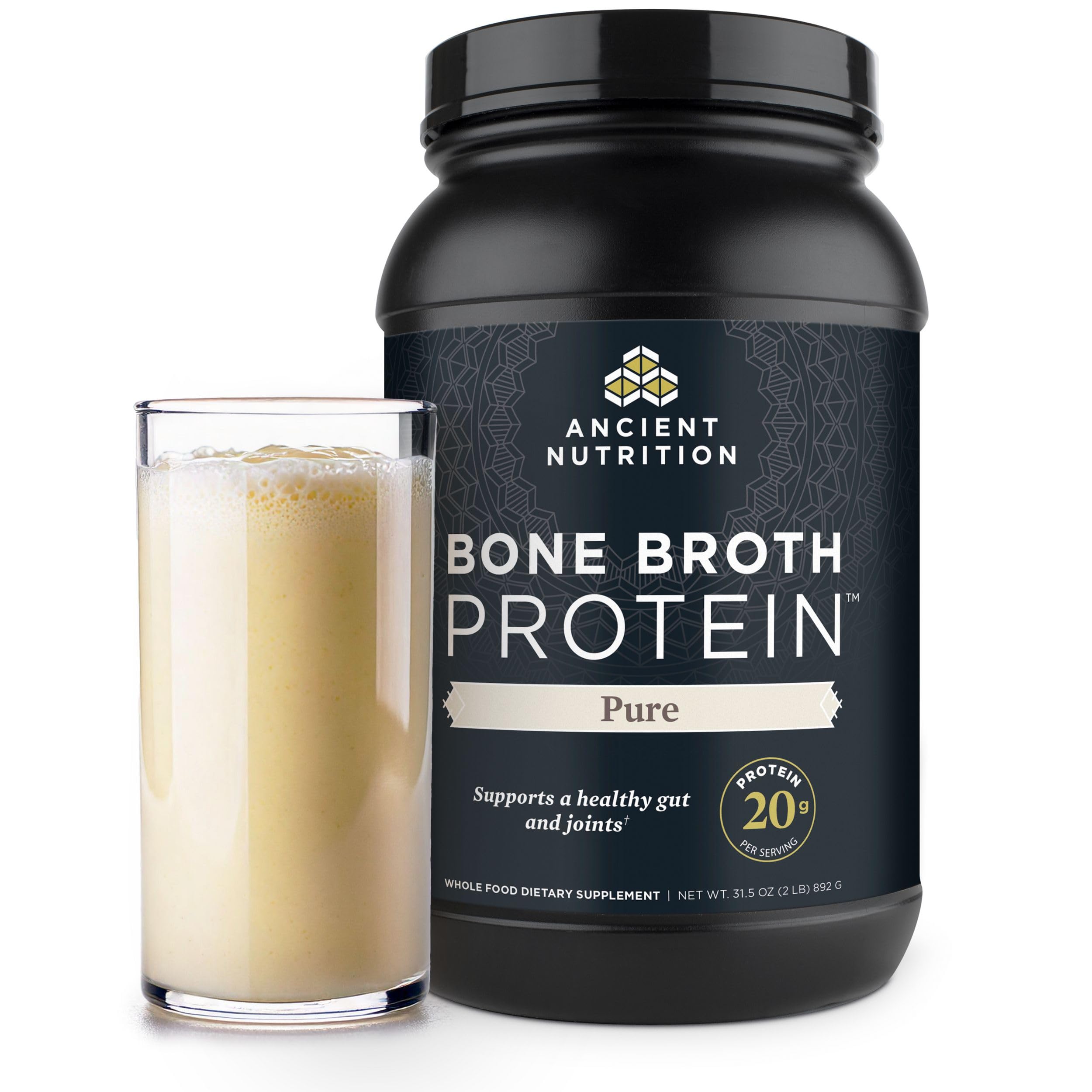 Ancient Nutrition Bone Broth Protein Powder - Pure Flavor, 20g Protein per Serving | Supports Skin, Gut & Joint Health | Gluten Free, Paleo & Keto Friendly (40 Servings) | Perfect for Post-Workout Recovery & Immune Support