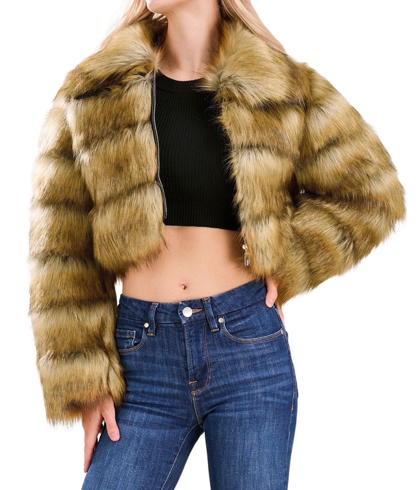 Loveimgs Women's Fluffy Faux Fur Cropped Puffer Jacket - Winter Warm Zip Up Fuzzy Teddy Coat for Women | Cozy Outerwear for Casual Outings, Date Nights & Cold Weather Fashion