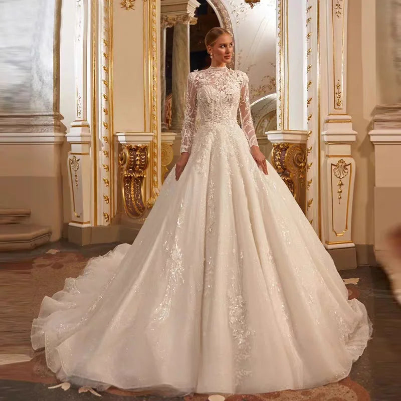 Elegant Long Sleeve Lace Wedding Dress - A-Line High Neck Muslim Bridal Gown for Modest Brides | Perfect for Islamic Weddings, Church Ceremonies & Formal Occasions
