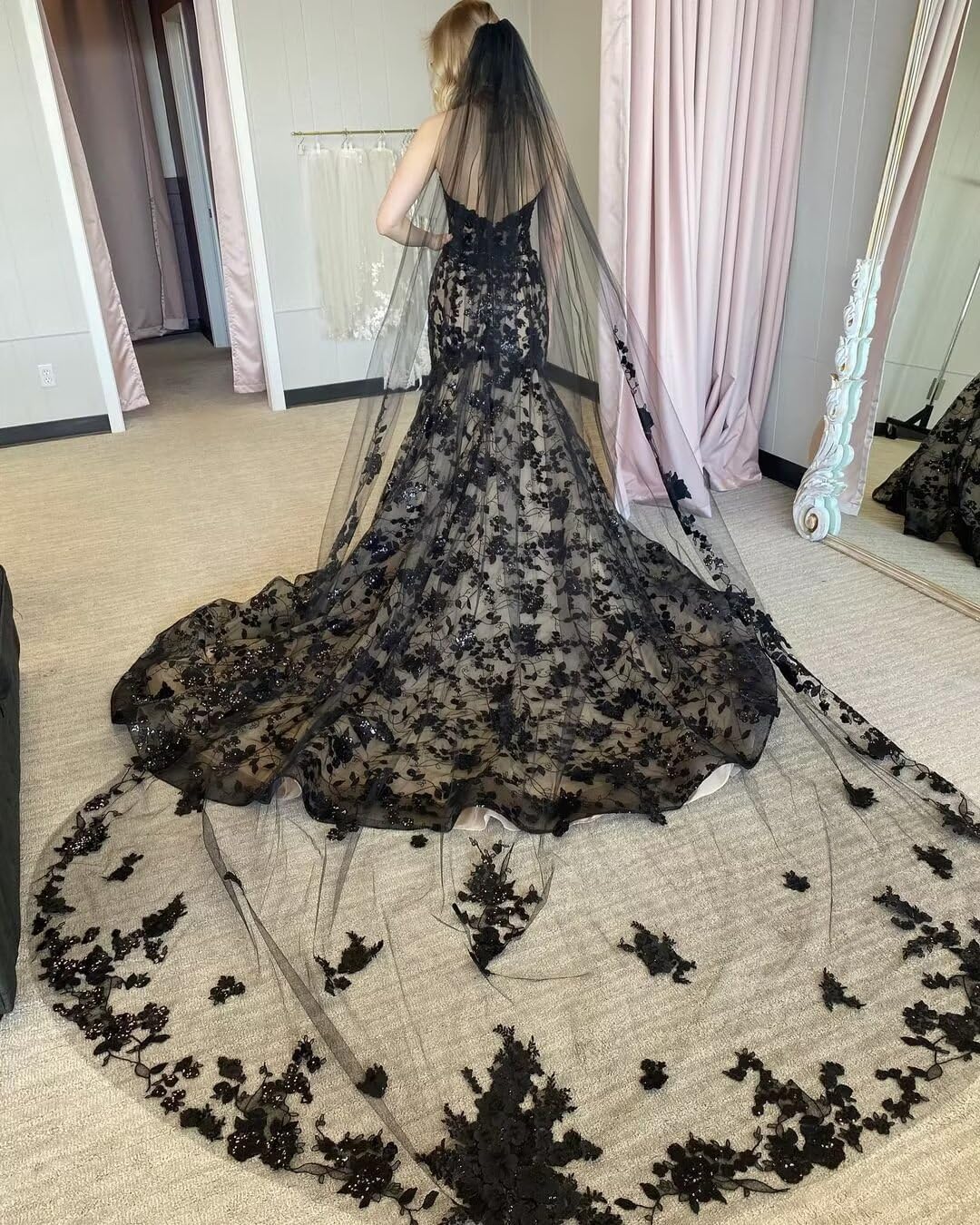 Gothic Mermaid Black Wedding Dress for Bride - Lace Appliques Beaded Tulle Sweetheart Bridal Gown | Gothic Wedding, Vampire Bride, Dark Romance Ceremony