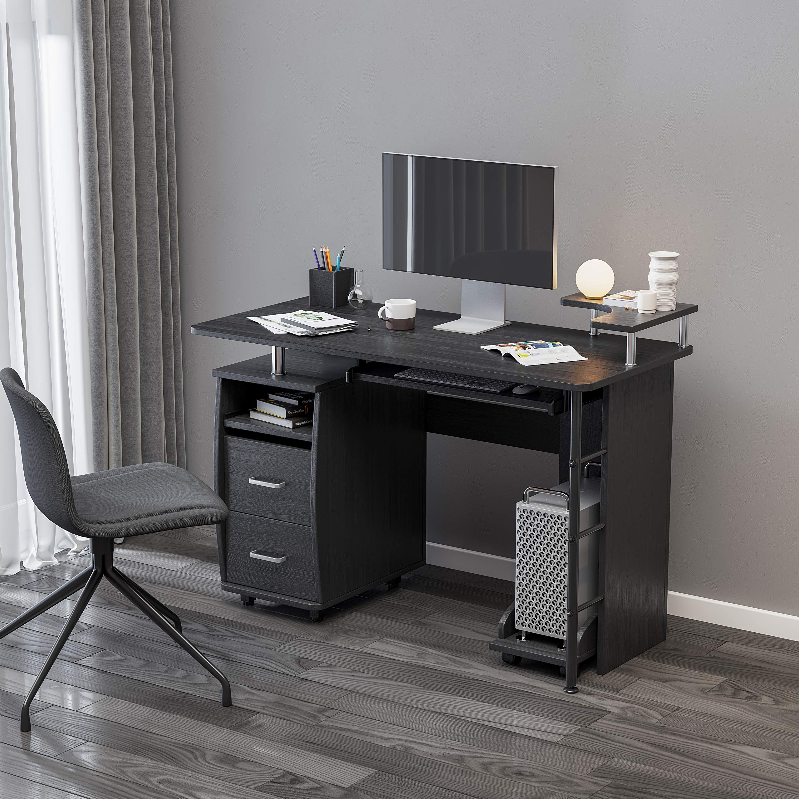 LXBB Black Home Office Computer Desk with 2 Drawers & Pull-Out Keyboard Tray - Multi-Functional Workstation with CPU Stand, Study Writing Desk for Small Spaces - Perfect for Remote Work, Gaming & Home Office Setup