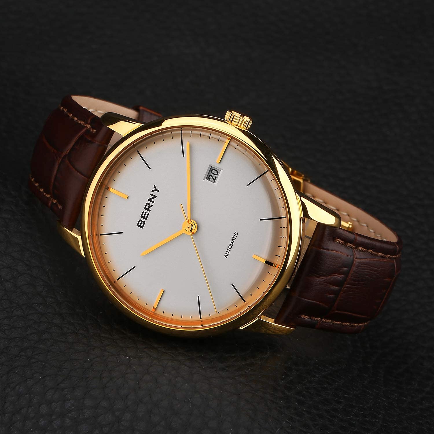 BERNY Ultra Thin Automatic Watch for Men - Minimalist Design with Genuine Leather Strap - Water Resistant Dress Watch for Business, Office & Formal Occasions