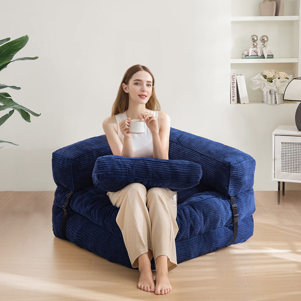 MAXYOYO L-Shaped Convertible Sofa Bed - Foldable Sleeper Sofa with Armrest in Navy Blue | Space-Saving Furniture for Small Apartments, Guest Rooms & Home Offices