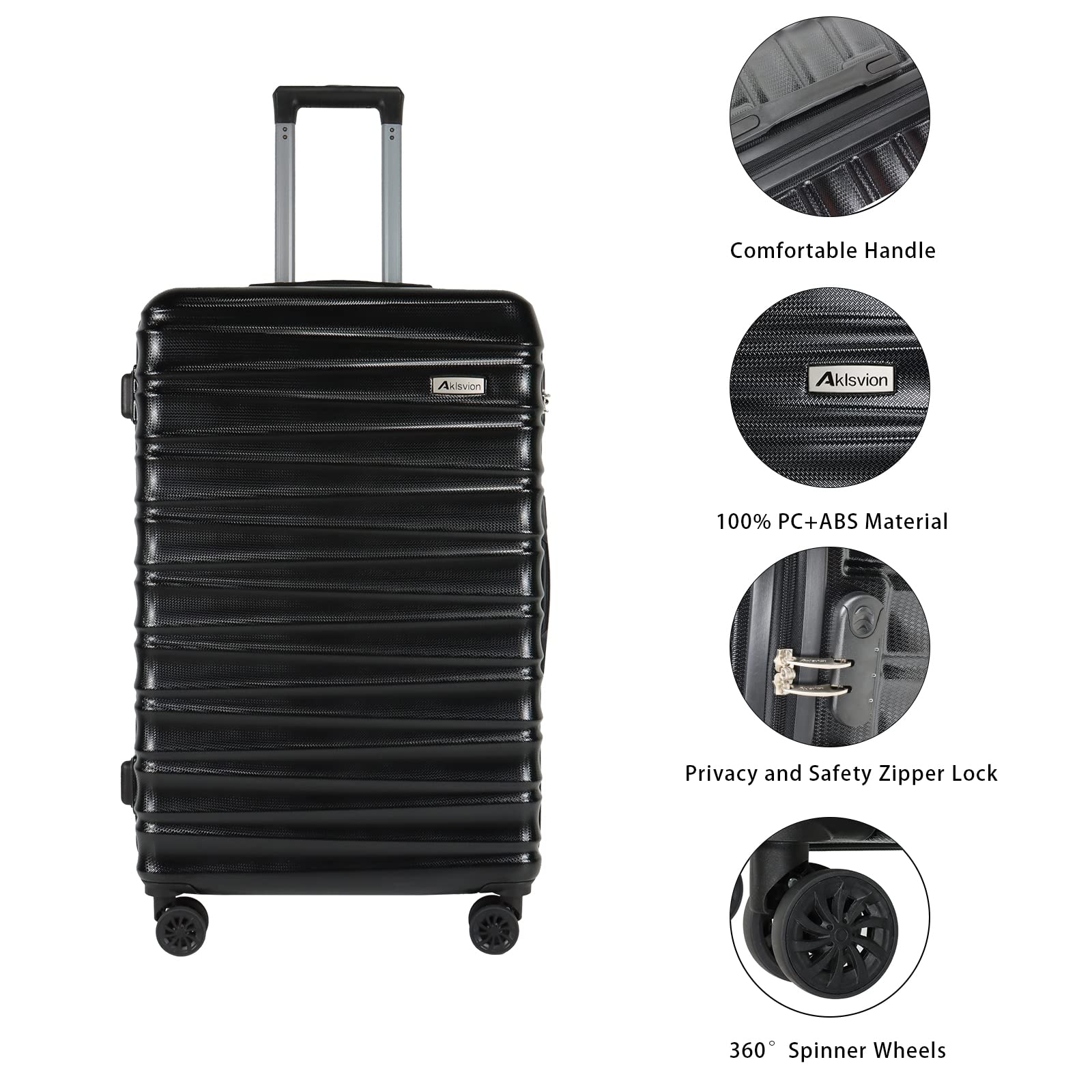 3-Piece Lightweight Hardshell Luggage Set (20/24/28 Inch) with 360° Spinner Wheels - Durable ABS+PC Suitcase for Travel - Perfect for Family Vacations, Business Trips & International Travel (Black, 5-Piece Set)