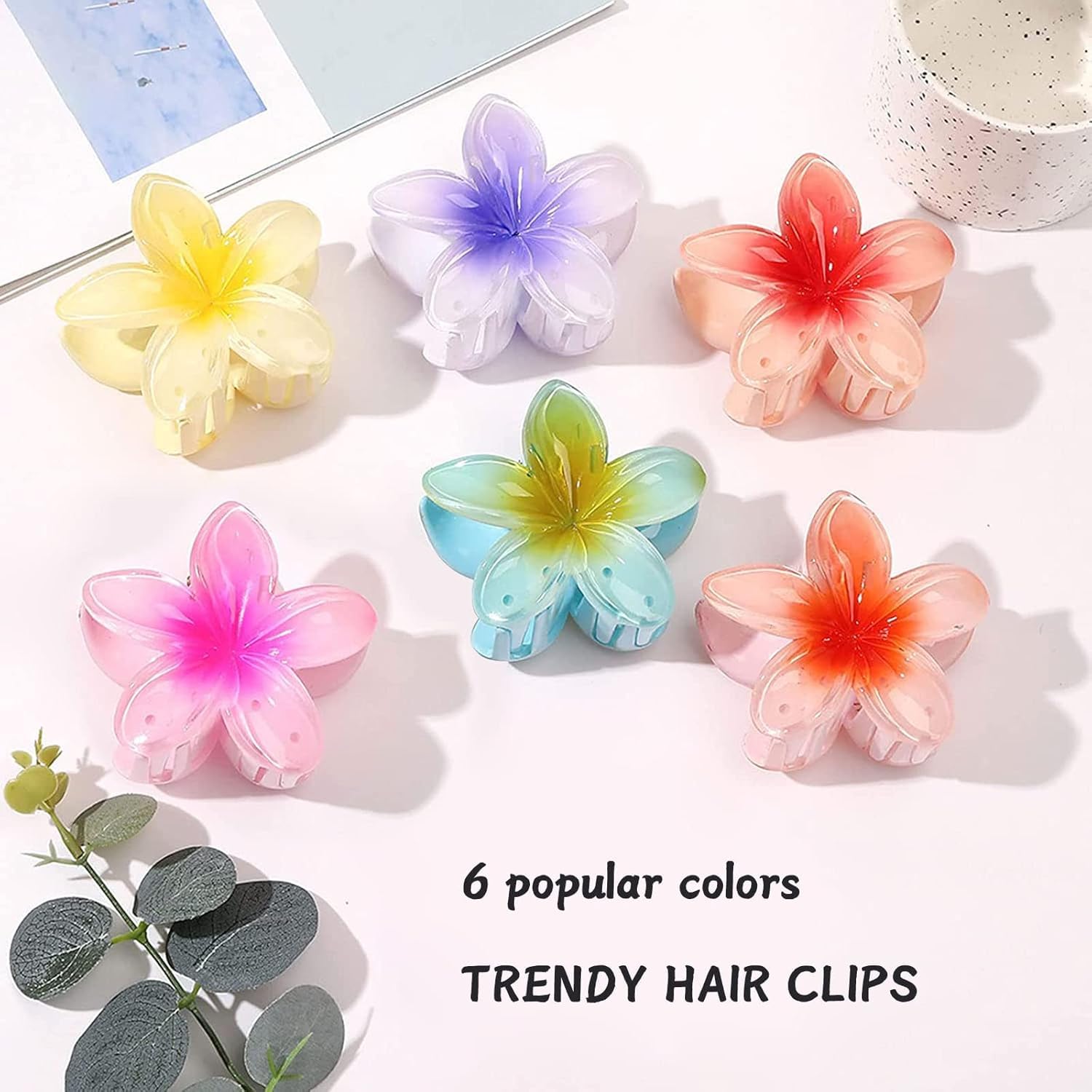 Bakefy 4-Pack Hawaiian Flower Claw Clips for Women - Large Plumeria Hair Clips for Thin & Thick Hair - Tropical Beach Hair Accessories for Girls & Women - Perfect for Summer, Vacations & Boho Styles
