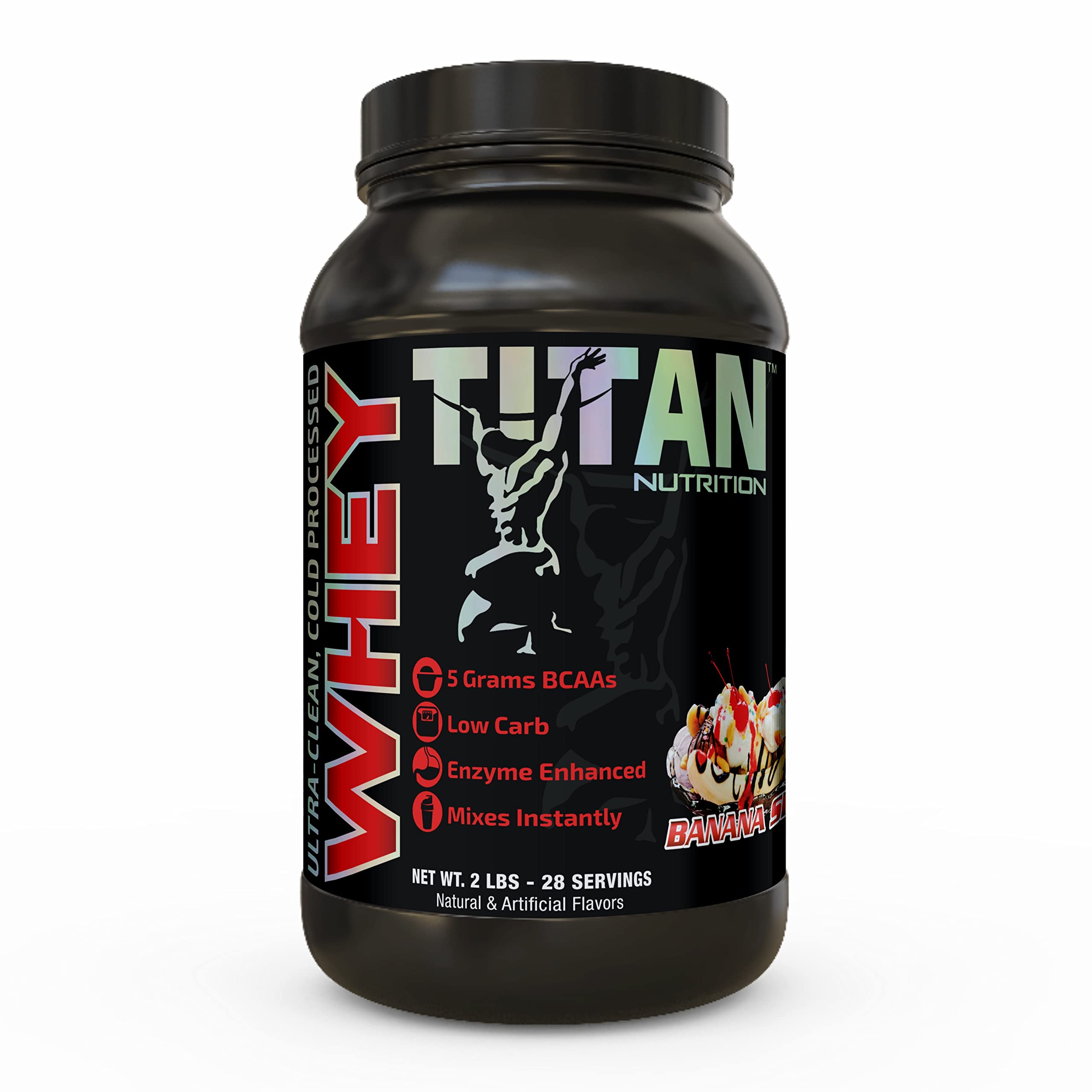 Titan Whey Protein Powder - Premium Fast-Absorbing Whey with 23g Protein, BCAAs & Digestive Enzymes - Supports Muscle Growth & Digestion - 2lb Banana Split Flavor - Ideal for Post-Workout Recovery & Meal Replacement