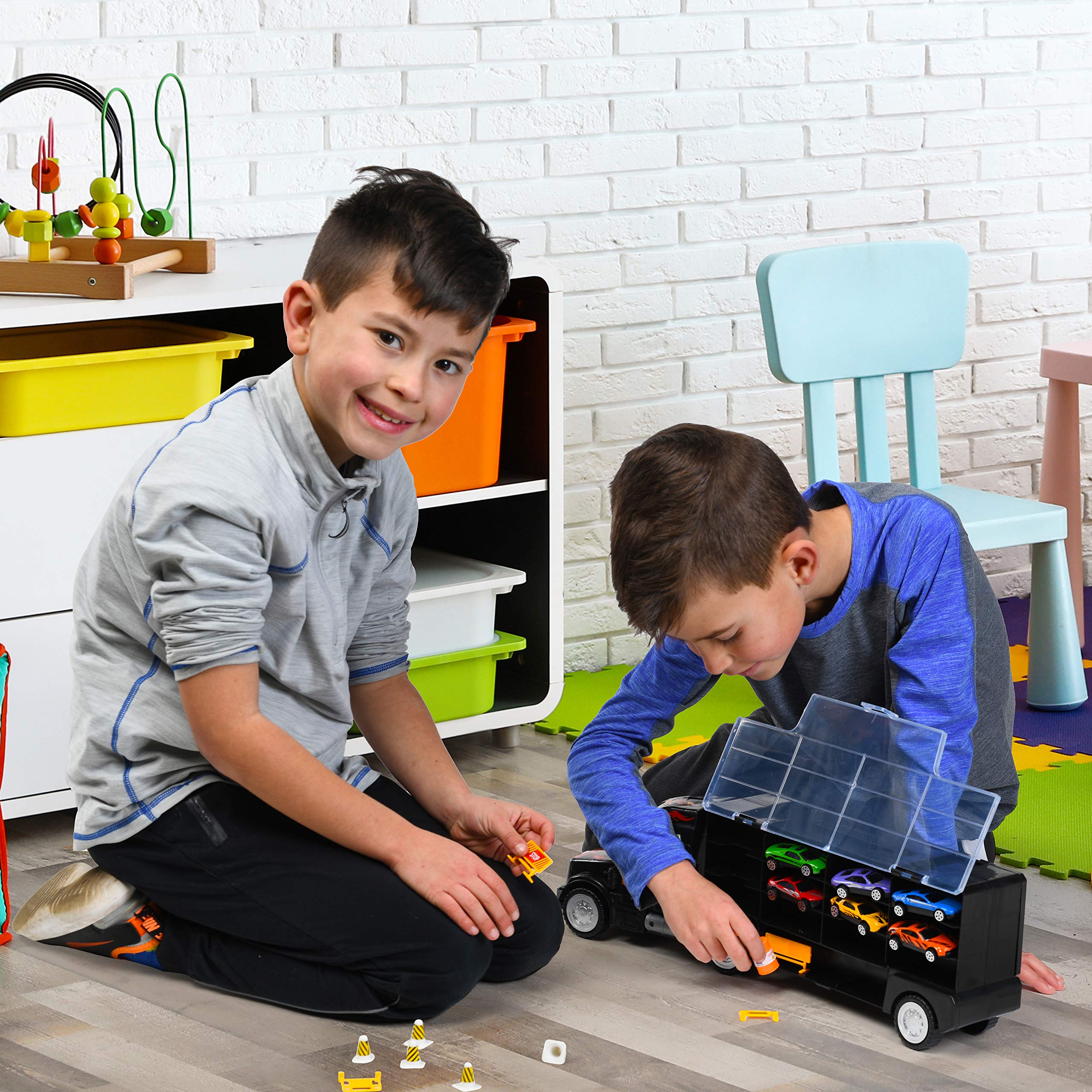 Play22 17-in-1 Semi Truck Toy Set with 6 Cars & 11 Accessories - Best Gift for Boys Ages 3-5 | Durable Transport Carrier for Kids, Perfect for Birthday Gifts & Pretend Play Scenarios