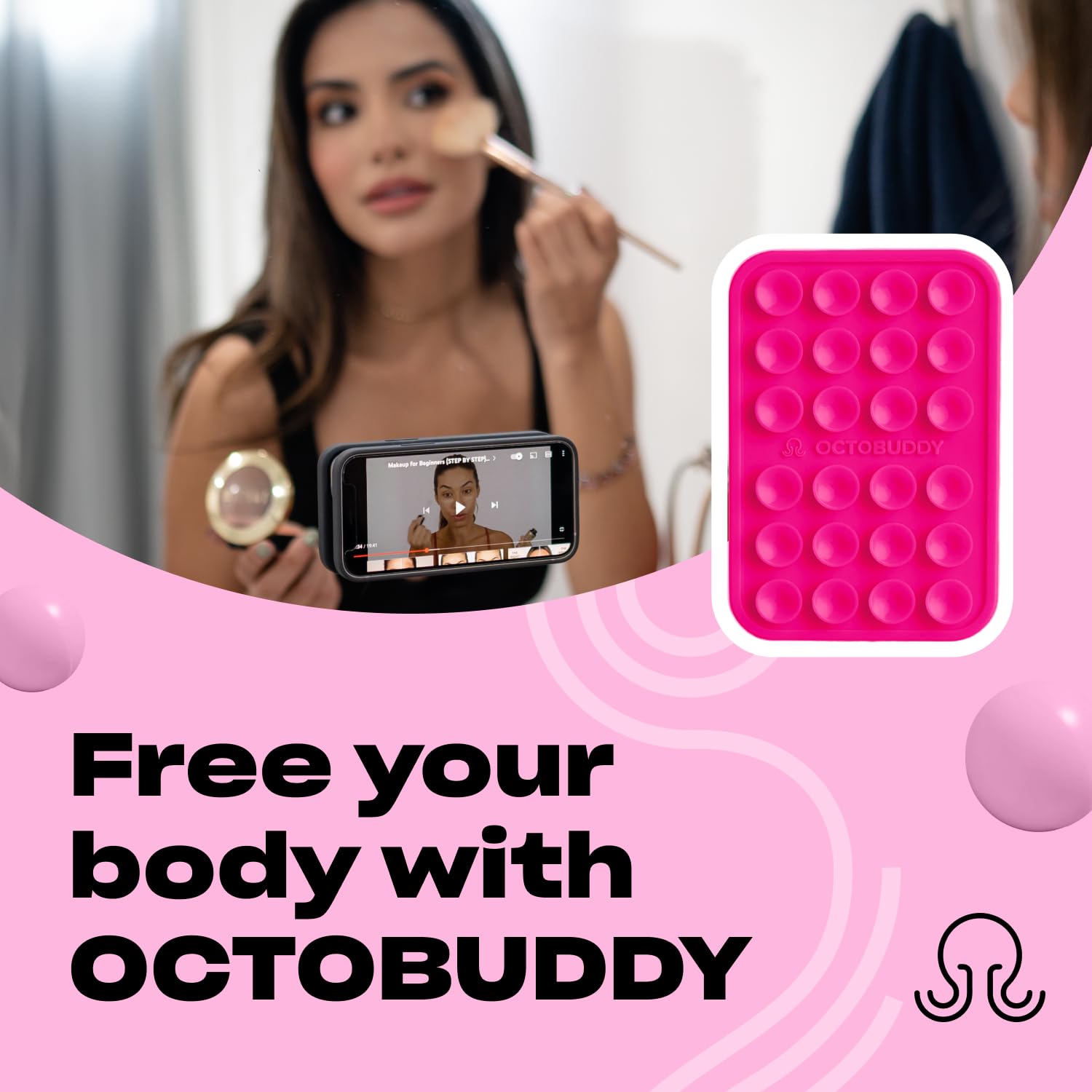 OCTOBUDDY MAX Silicone Suction Phone Case & Adhesive Mount - Hands-Free, Strong Grip Holder for Selfies, Videos, and Driving - Durable, Easy to Use - iPhone & Android Compatible - 2.6″ x 3.9″, Hot Pink