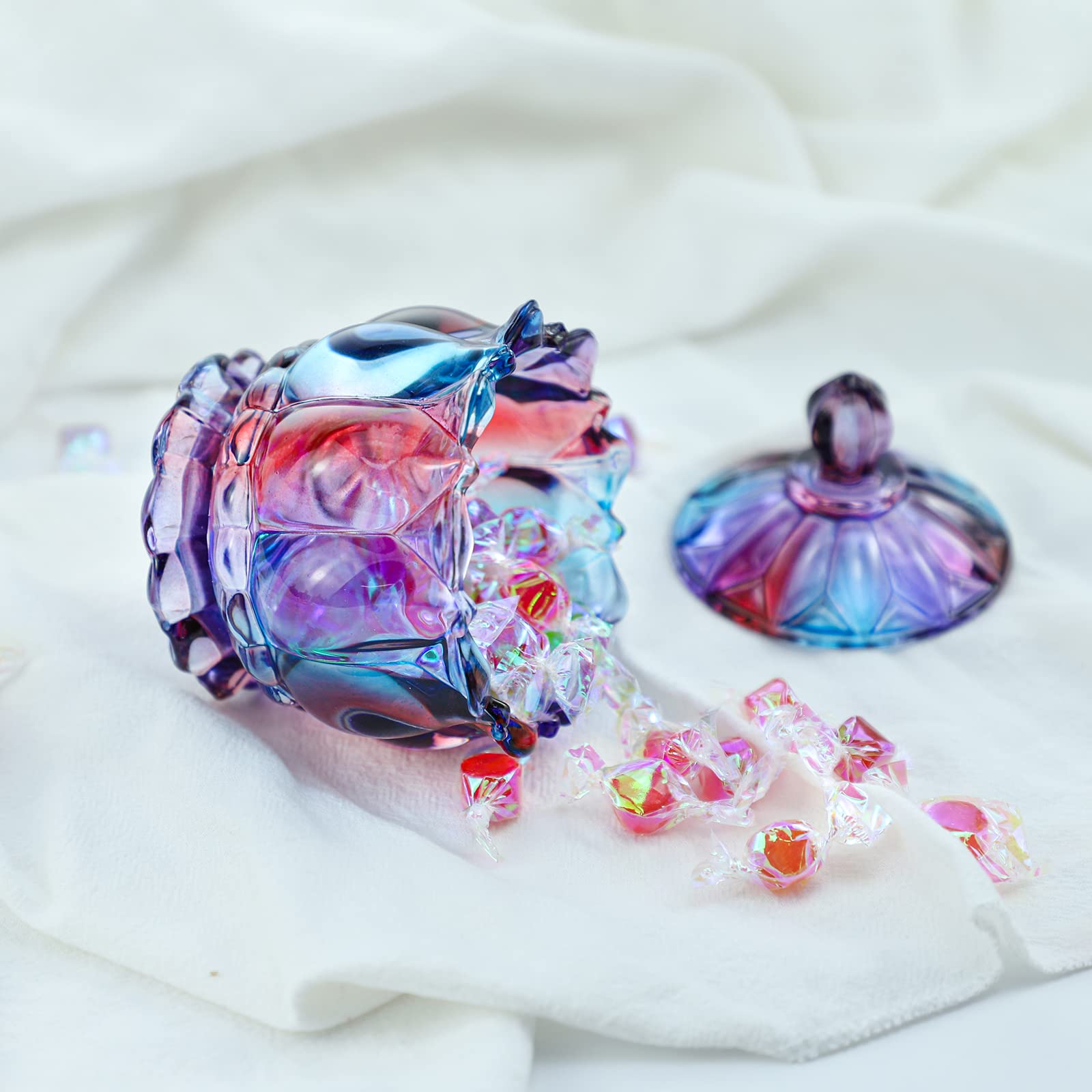 Royal Embossed Clear Glass Apothecary Jar with Lid - 7oz Wedding Candy Buffet Container, Crystal Jewelry Storage Box, Food Storage Jar (Flower Purple) - Perfect for Party Decor, Candy Display, Bathroom Organizer & Home Decor