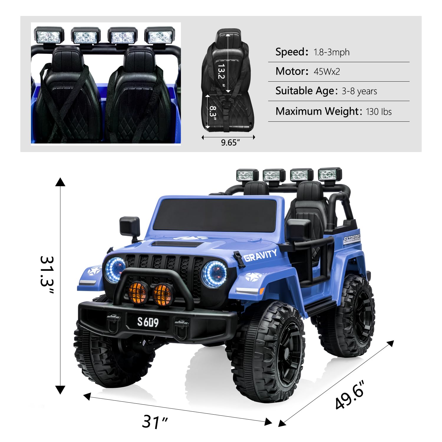 MOLACHI 12V Kids Ride on Car Truck - 2.4Ghz Remote Control Electric Vehicle for Toddlers with LED Lights, Bluetooth Music & Horn - 3 Speed Adjustable - Perfect for Birthday Gifts & Outdoor Play (Blue)