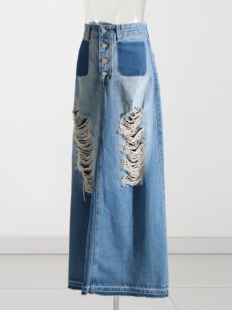 Women's High Waist A-Line Denim Skirt with Patchwork Pockets & Hollow-Out Design - Casual Fashion Skirt for Everyday Wear, Date Night & Office Outfits