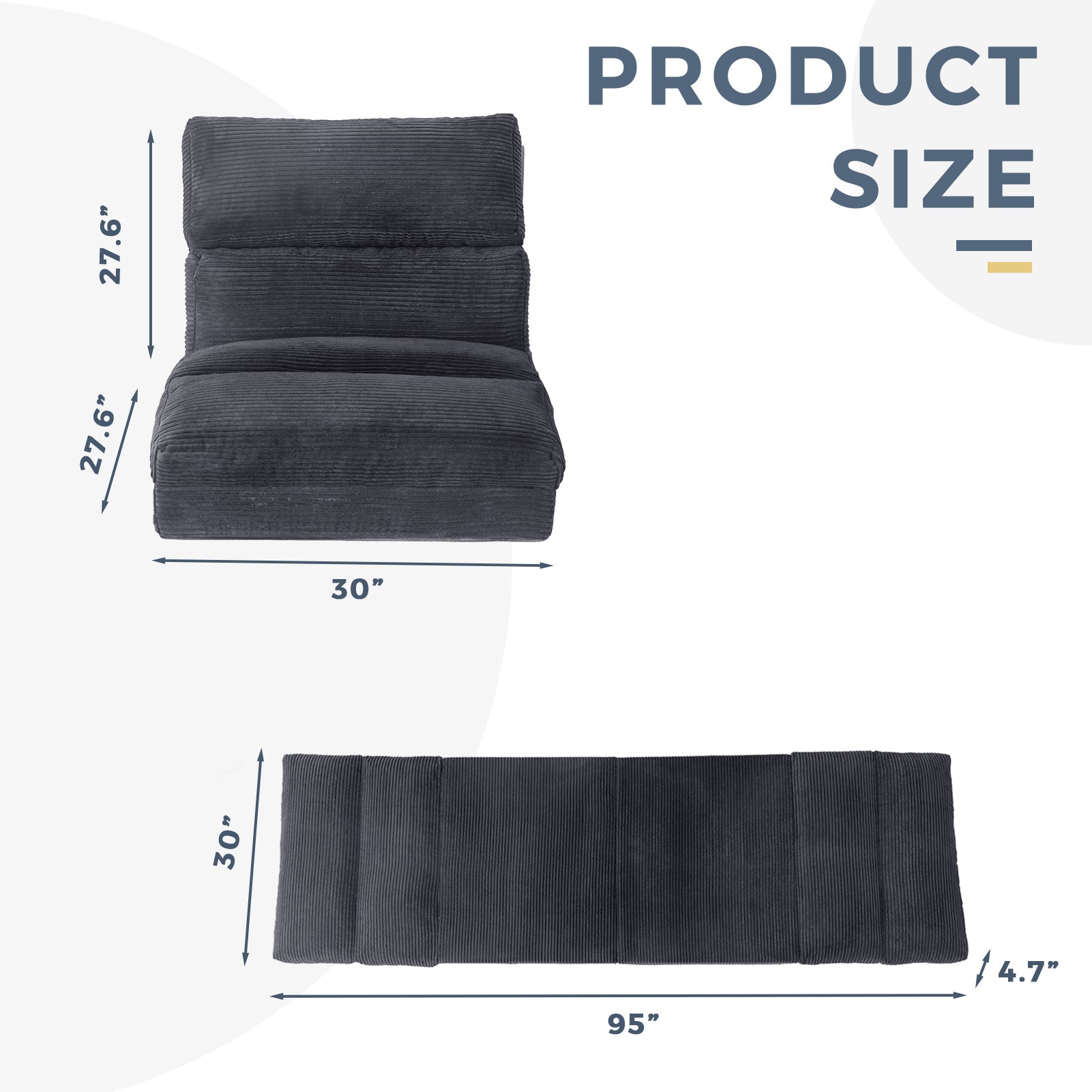MAXYOYO Folding Sofa Bed - Extra Wide Corduroy Floor Sofa for Small Spaces, Dark Grey | Convertible Guest Bed & Lounge Chair for Apartments, Dorms & Living Rooms