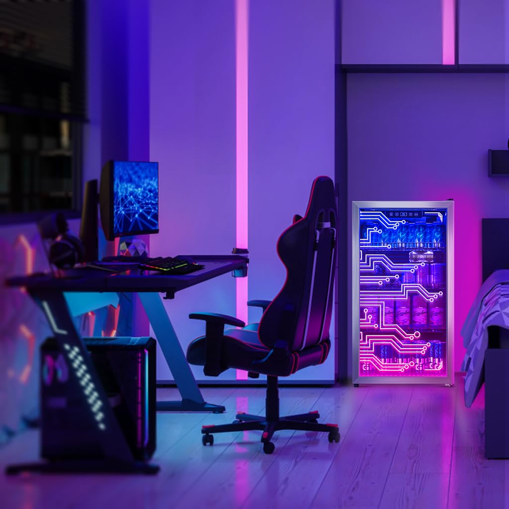 LED Gaming Beverage Refrigerator - 120 Can Freestanding Drink Cooler with Cyberpunk Lighting for Gaming Room, Bar, Party & Home Entertainment | Energy Efficient Mini Fridge for Soda, Beer & Energy Drinks | Perfect for Man Cave, Game Nights & Social Gatherings