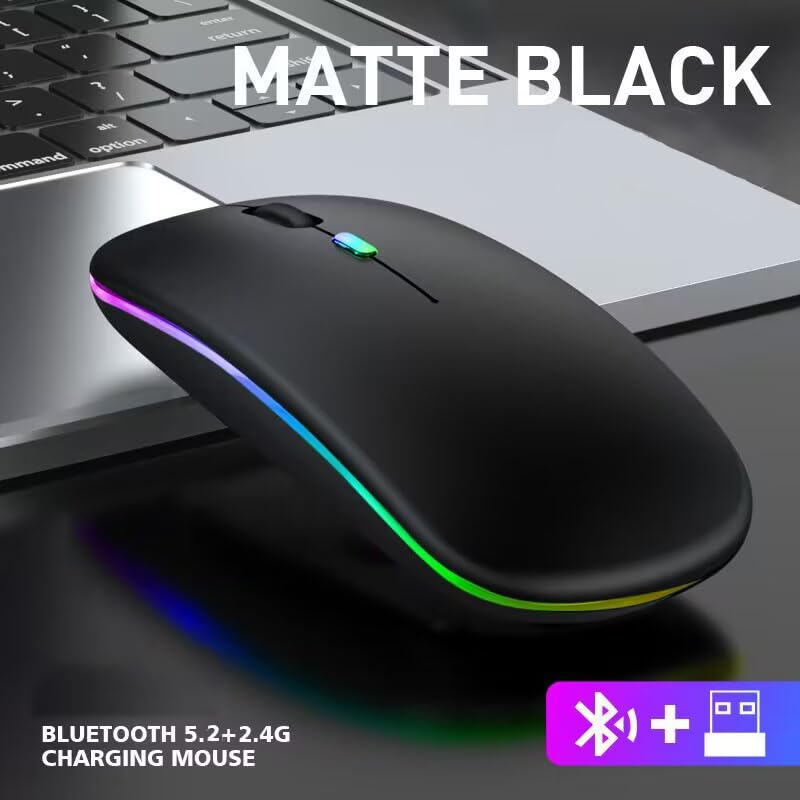 Wireless Bluetooth Mouse, Rechargeable Silent Slim Mouse with LED Indicator, Dual Mode (BT5.2 + USB Receiver) for Laptop, Desktop, iPad, Tablet, Phone & TV - Perfect for Office, Home & Travel Use (Black)