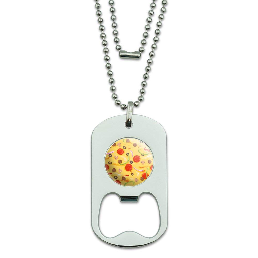 Military Dog Tag Bottle Opener Pendant with Pizza Design - Pepperoni, Olives & Onions Pattern - Unique Gift for Soldiers, Veterans & Pizza Lovers - Perfect for Keychains, Necklaces & Outdoor Adventures