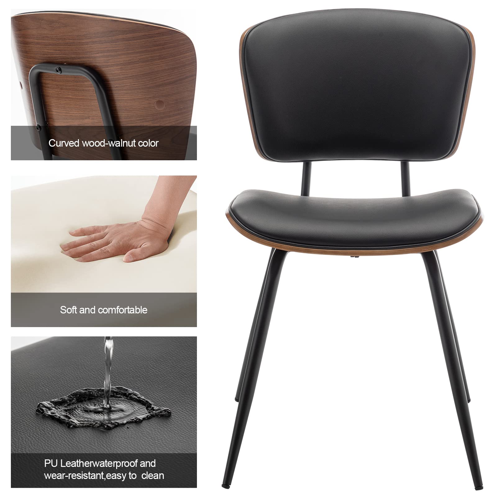 Stylish AQG Mid Century Modern Dining Chairs Set of 2 - Genuine Leather Upholstery with Bentwood Backrest & Sturdy Metal Legs - Perfect for Dining Room, Kitchen, Breakfast Nook & Home Decor