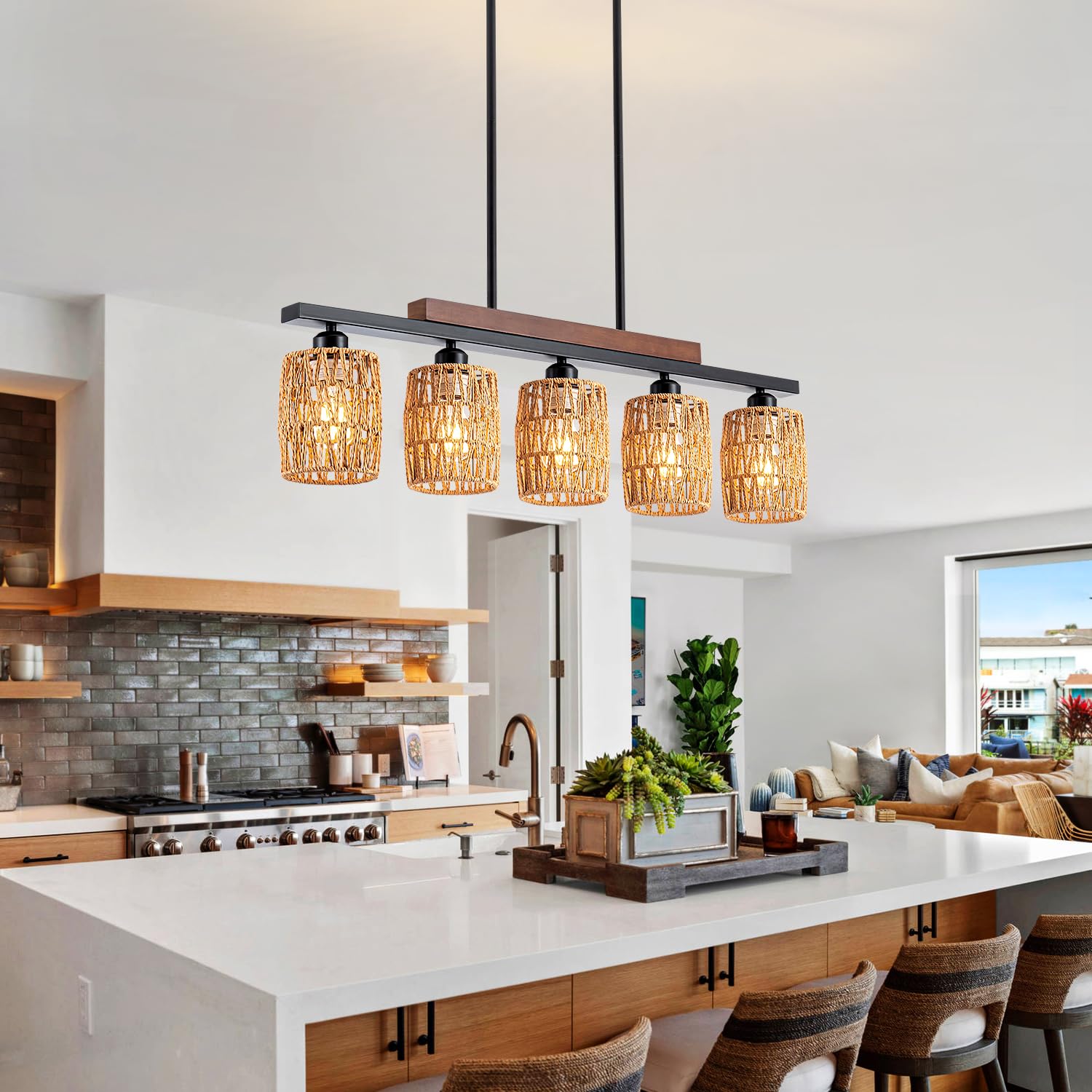 Rustic Rattan Farmhouse Chandelier - 5-Light Boho Dining Room Pendant Light with Adjustable Height, Wood & Matte Black Linear Hanging Fixture for Kitchen Island, Dining Table, or Living Room Decor
