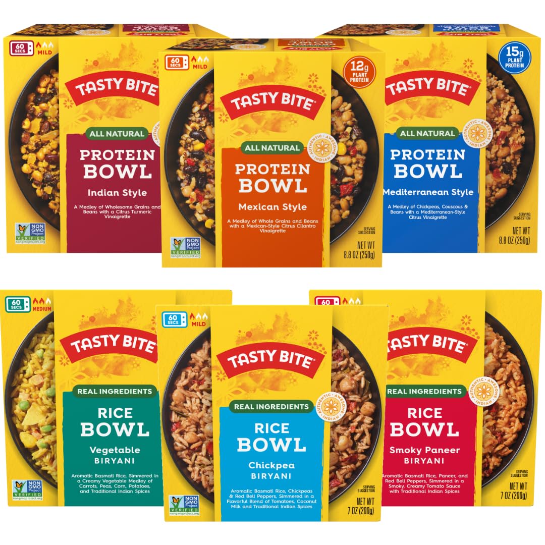 Tasty Bite Bowls Variety Pack - 6 Ready-to-Eat Meals (Mexican Protein, Mediterranean Protein, Indian Protein, Chickpea Biryani, Smoky Paneer Biryani, Vegetable Biryani) | Quick Lunch, Office Meals & Camping Food