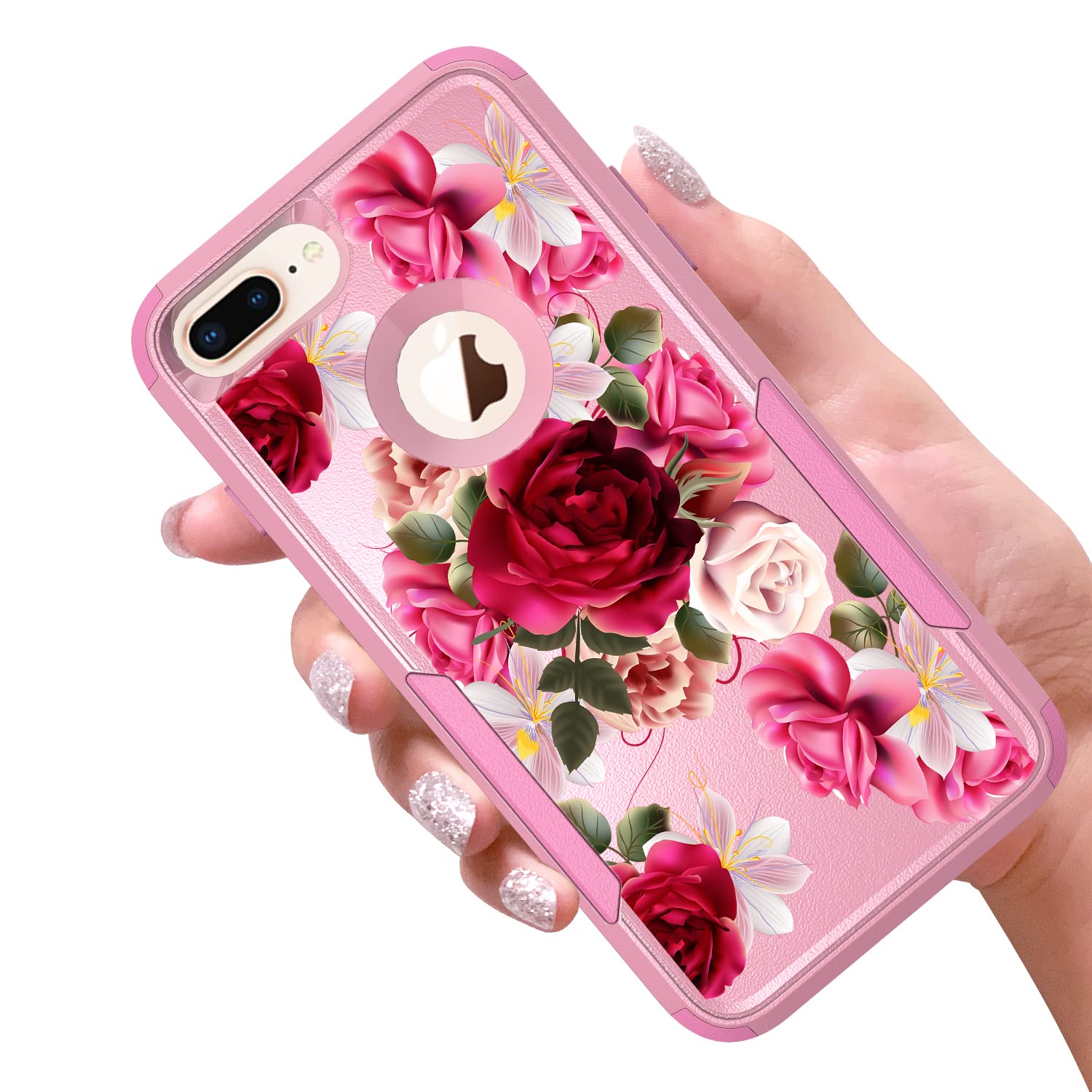 Pink Cute Heavy Duty Shockproof Protective Hard Case for Apple iPhone 8 Plus & iPhone 7 Plus - Floral Red Rose Design - Perfect for Women & Girls - Ideal for Everyday Use, Work, and Outdoor Activities