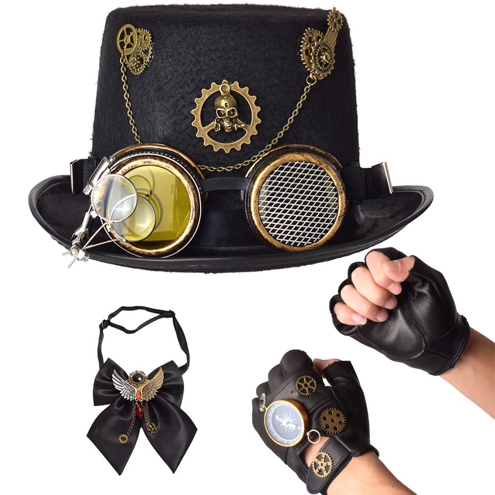 GRACEART Steampunk Costume Set - Victorian Top Hat, Bow Tie & Gloves for Cosplay, Halloween, LARP & Gothic Fashion